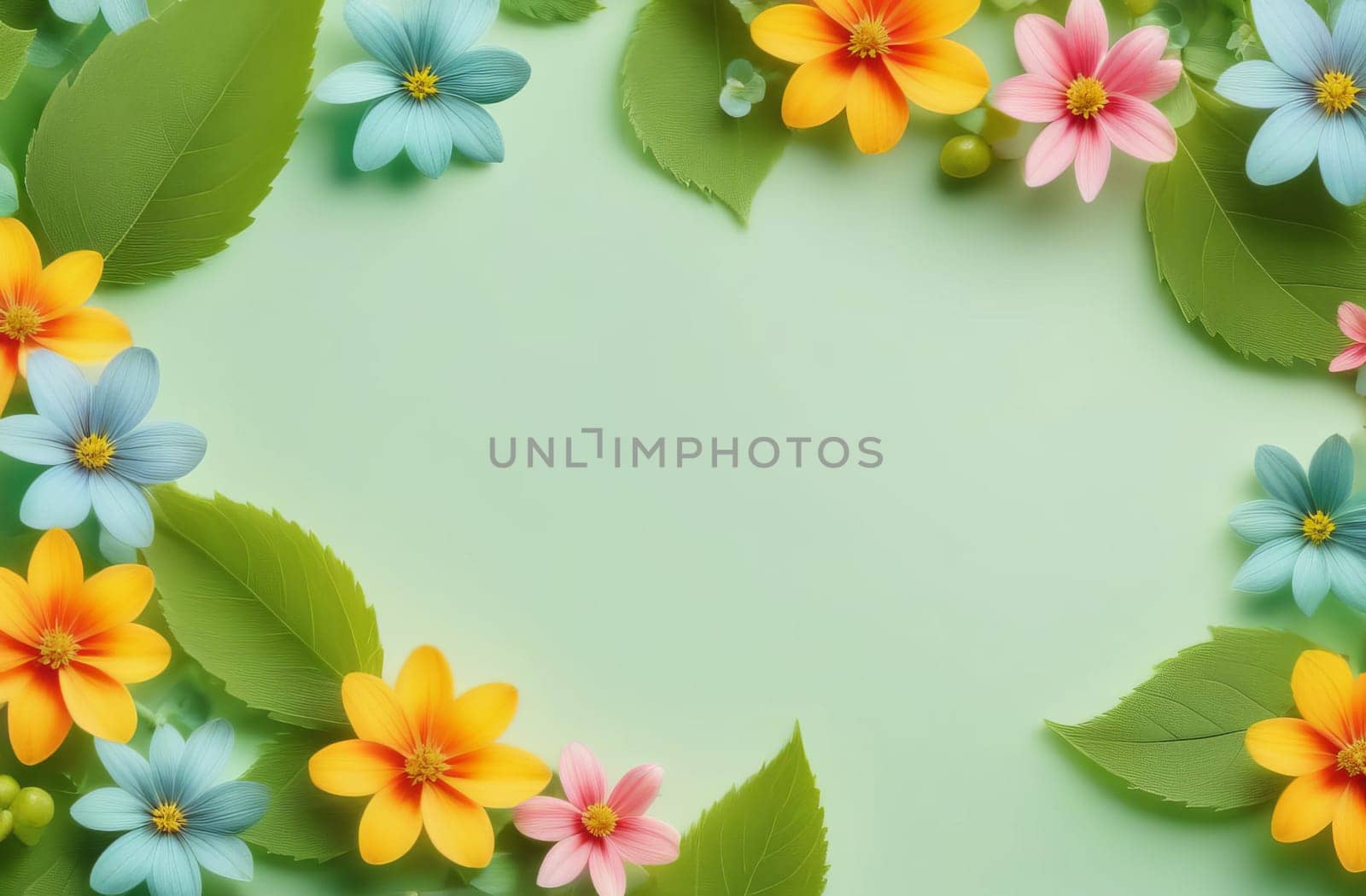 Summer background with leaves and small flowers. Place for text. by OlgaGubskaya