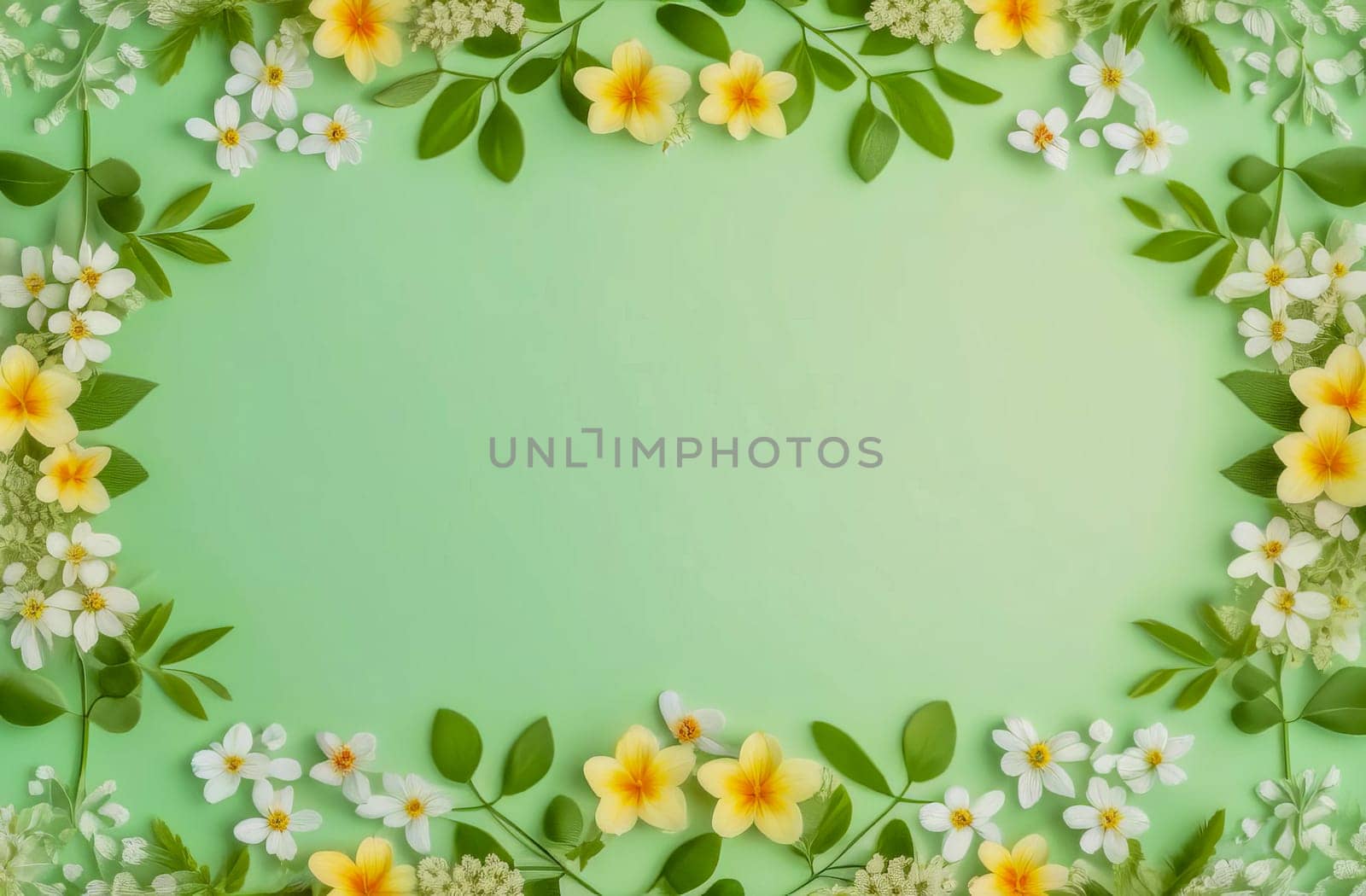 Summer background with leaves and small flowers on a delicate light green background. Place for text.