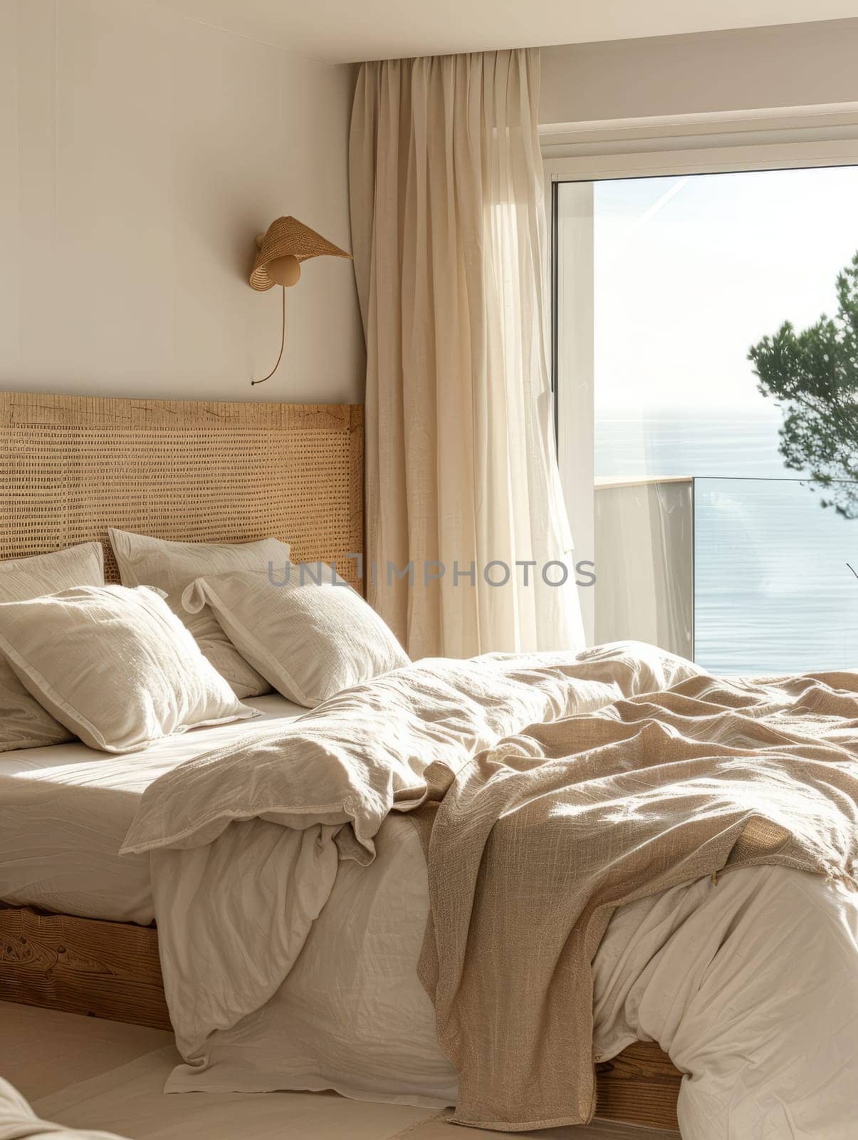 Minimalist bedroom interior with ocean sea view. Modern coastal interior. Summer, travel, vacation, dreams holiday, resort by NataliPopova