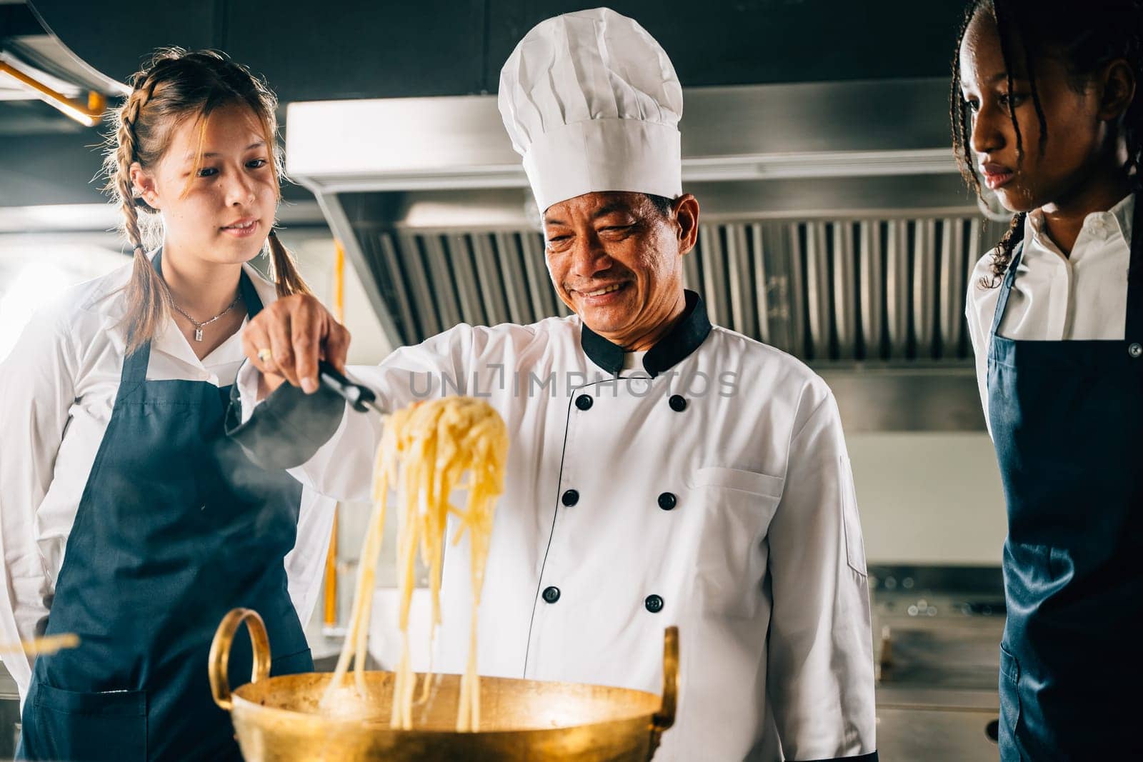 Chef instructs students cooking noodle in kitchen. Schoolgirls make ramen soup. Teacher guides smiling kids. Modern education shown in dinner preparation. Foor Education Concept