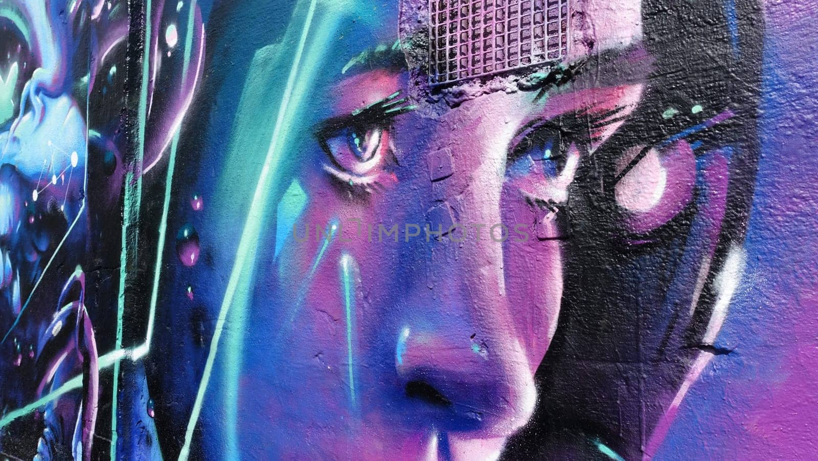 Stockholm, Snosatra, Sweden, May 23 2021. Graffiti exhibition on the outskirts of the city. Purple.