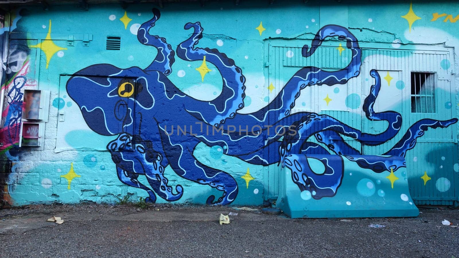 Stockholm, Snosatra, Sweden, May 23 2021. Graffiti exhibition on the outskirts of the city. Octopus.