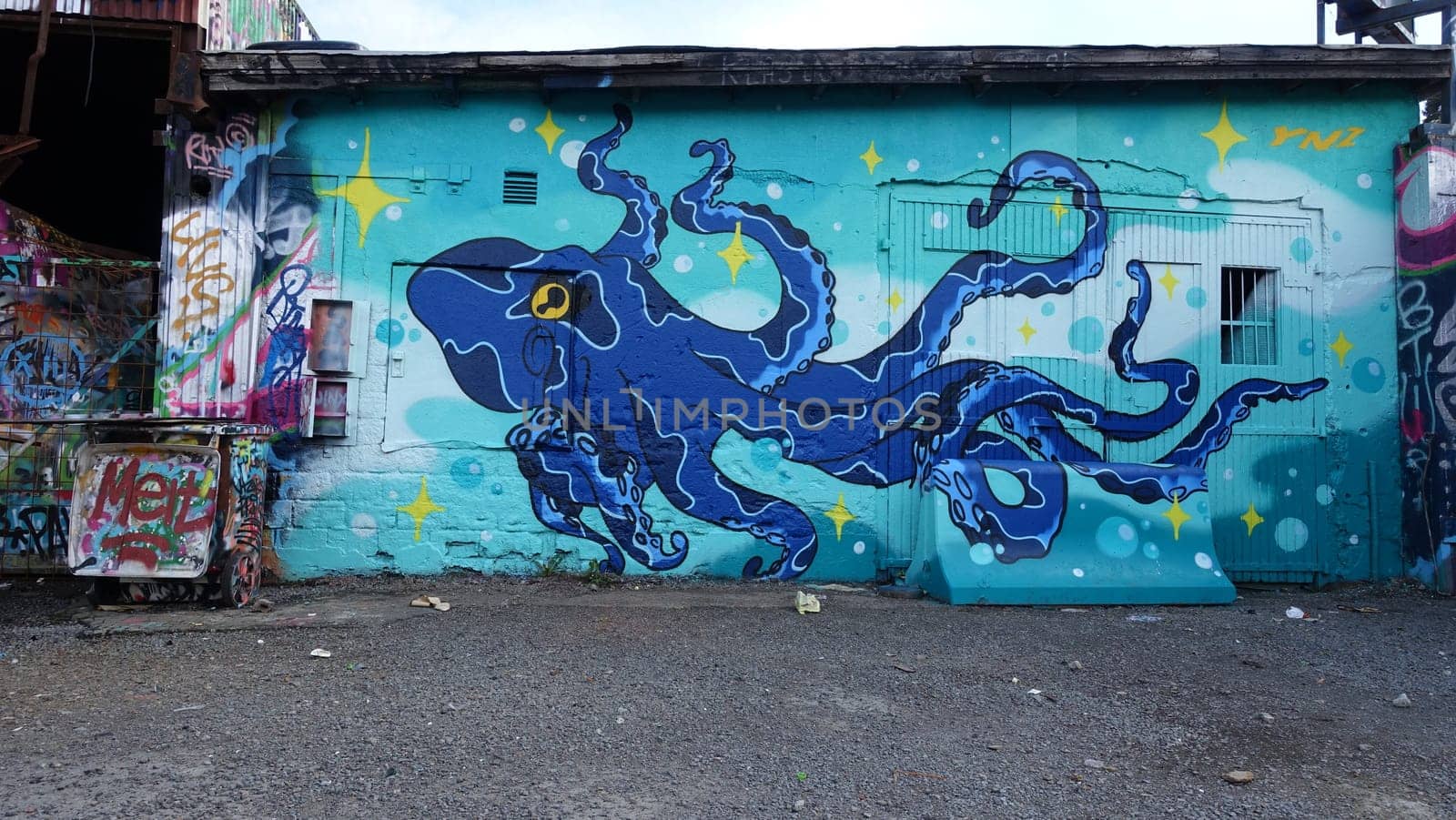 Stockholm, Snosatra, Sweden, May 23 2021. Graffiti exhibition on the outskirts of the city. Octopus.