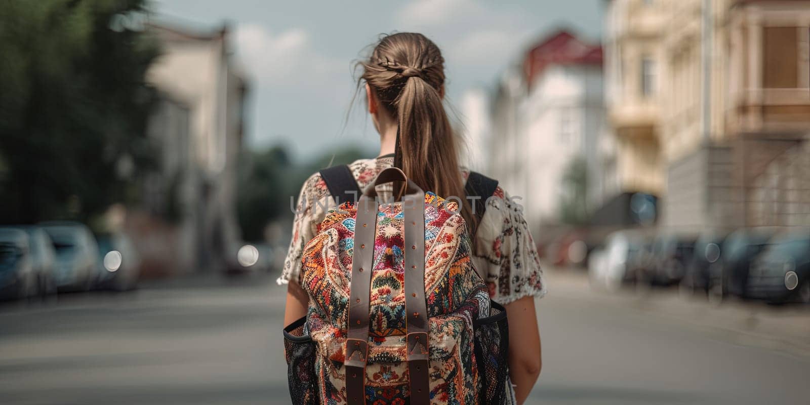 Young Girl With Stylish Backpack With A Embroidery On A Street by tan4ikk1