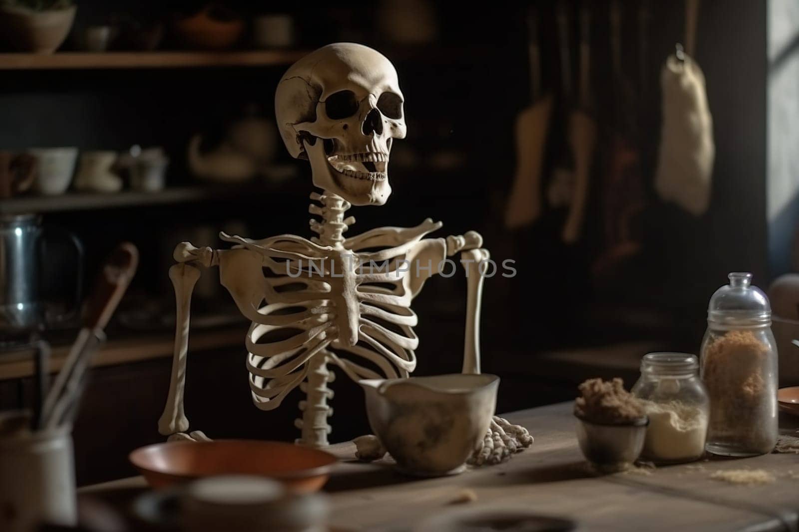 old human skeleton in an old abandoned kitchen room, concept of dangerous food, generative AI