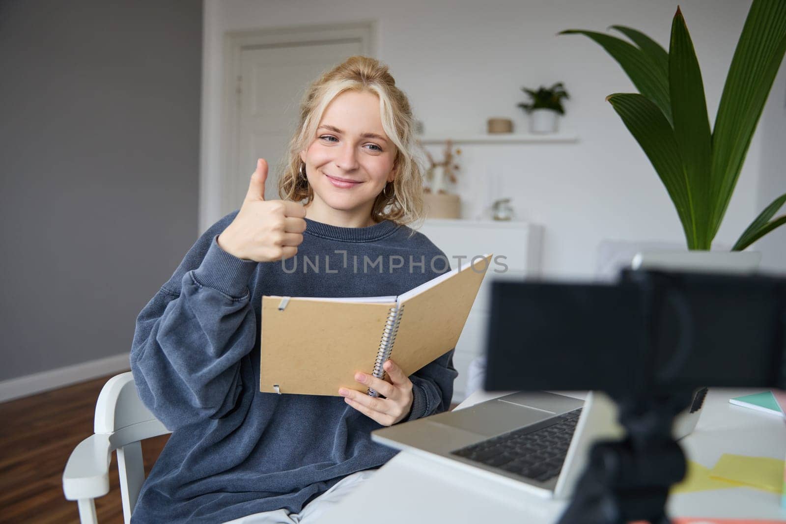 Smiling, positive young woman, shows thumbs up, sits in room with digital camera and laptop, records video, gives online tutorial, creates content for followers.