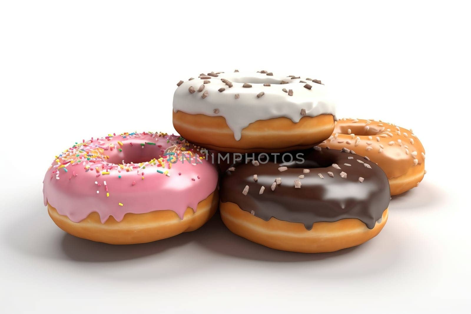 3D illustration of delicious donuts poured with a glaze isolated on a white background , generative AI