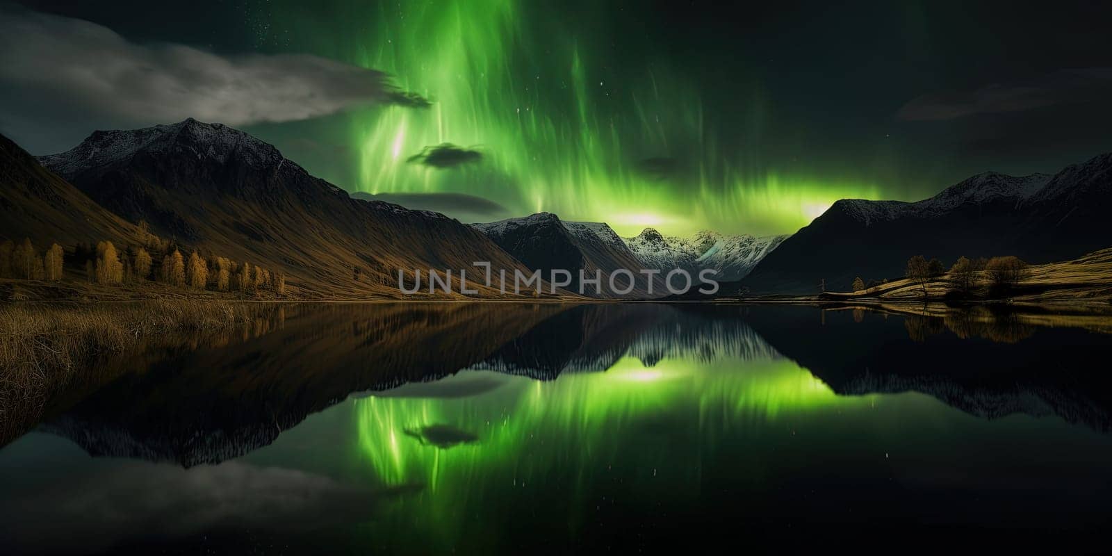 Aurora green Northern Lights in the night sky above the mountains range by tan4ikk1