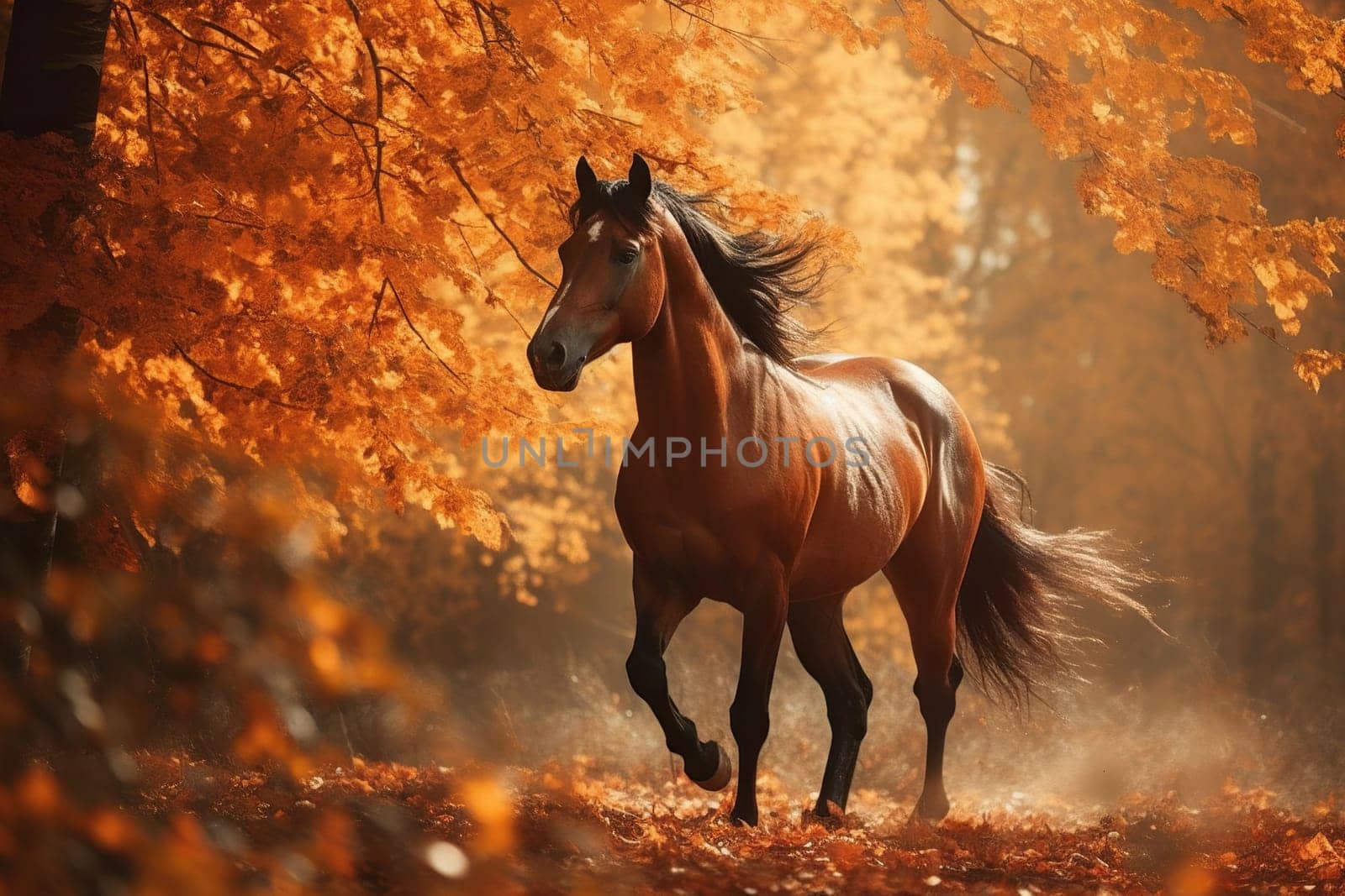 Horse Charges Through An Autumnal Forest Against A Backdrop Of Falling Leaves