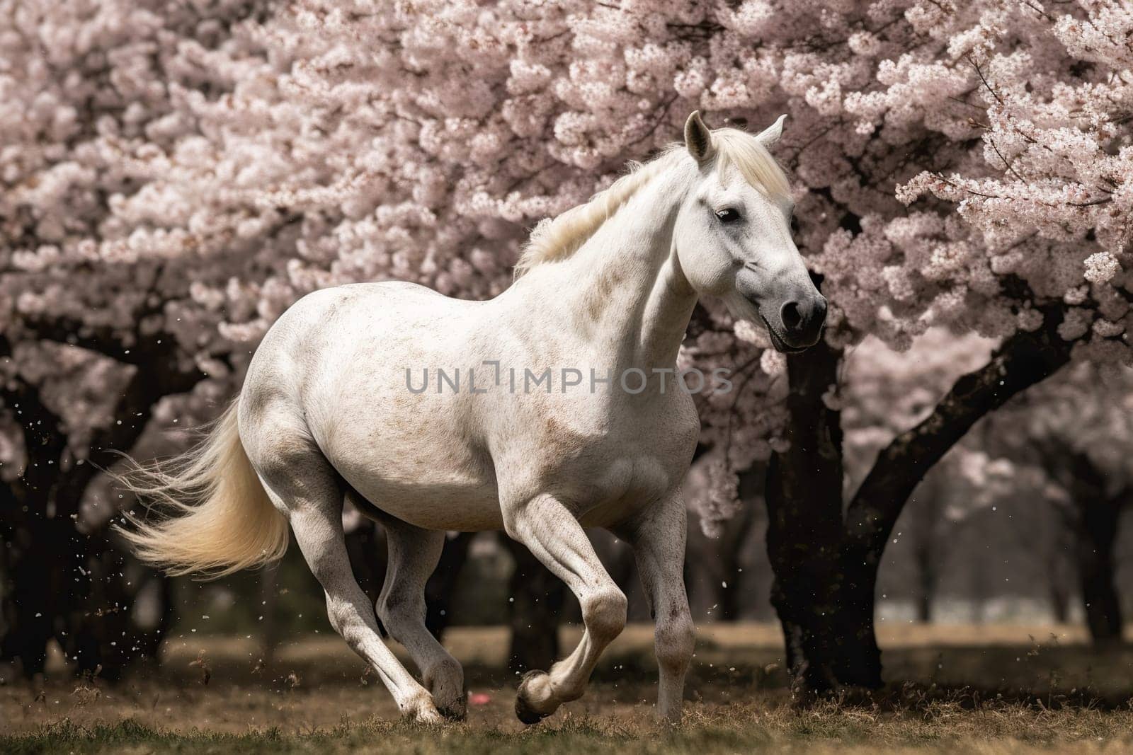Horse Charges Against A Backdrop Of Blooming Cherry Blossoms