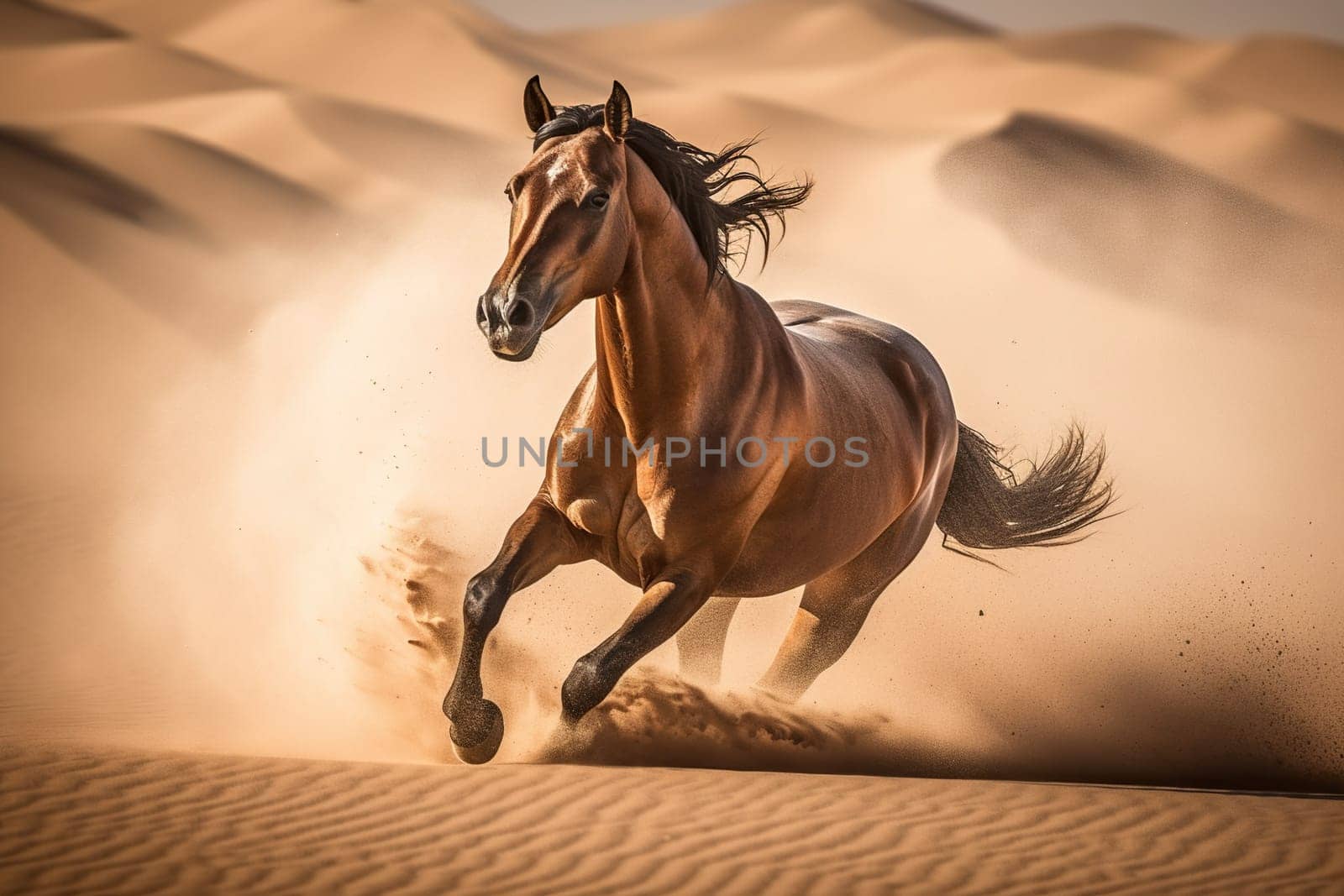 Gharging Horse In The Heat Of The Desert, The Horse Kicks Up Sand As It Races Across The Dunes