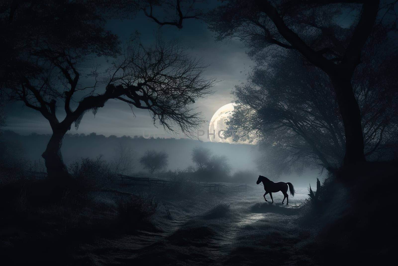 Night Scene With The Running Horse Under The Giant Moonlight by tan4ikk1
