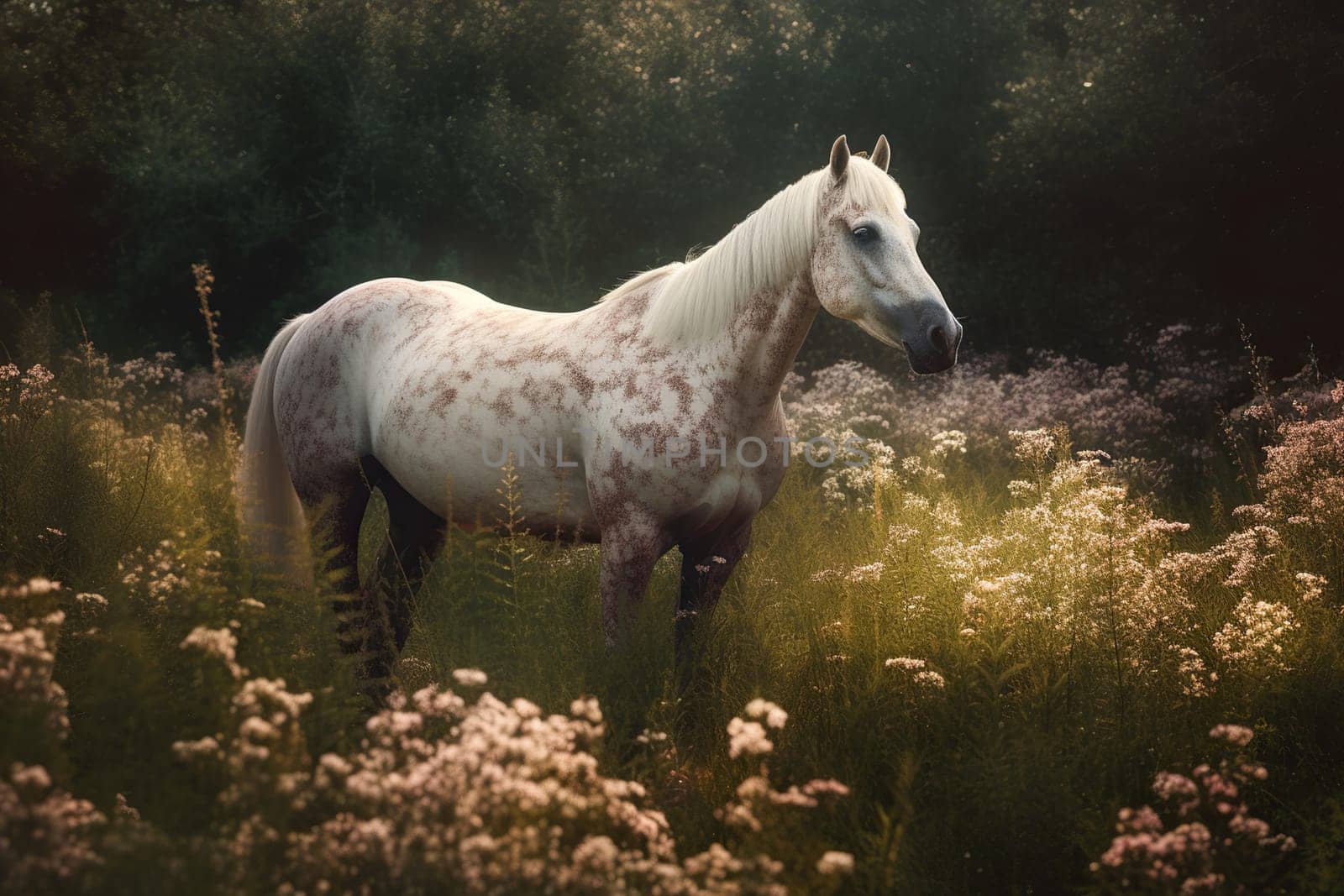Surrounded By Wildflowers, The Horse Moves Through A Meadow Infused With An Ethereal, Almost Magical Scene
