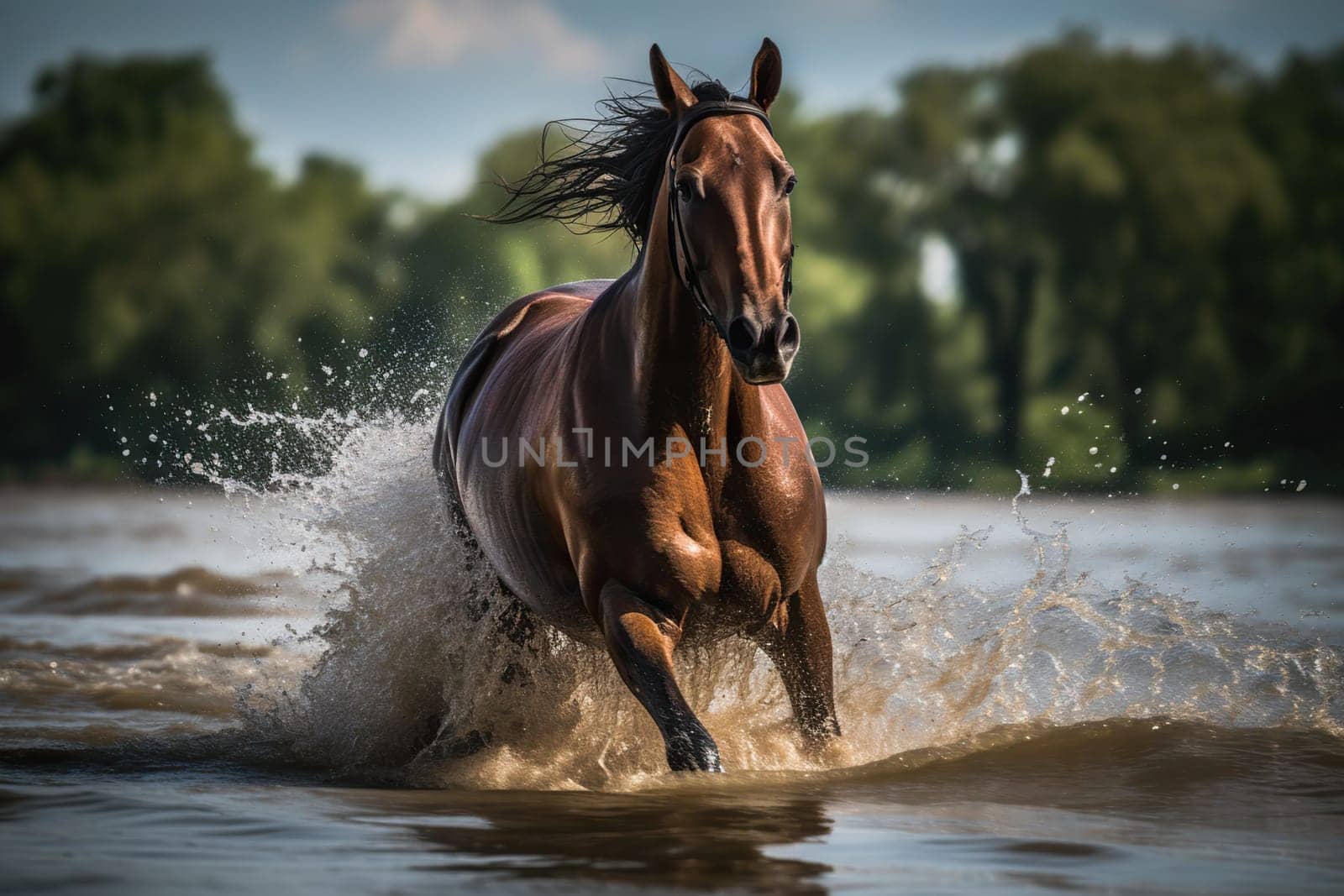 Racing Alongside A Flowing River, The Horse Showcases Its Strength And Grace Against The Backdrop Of A Serene Waterway