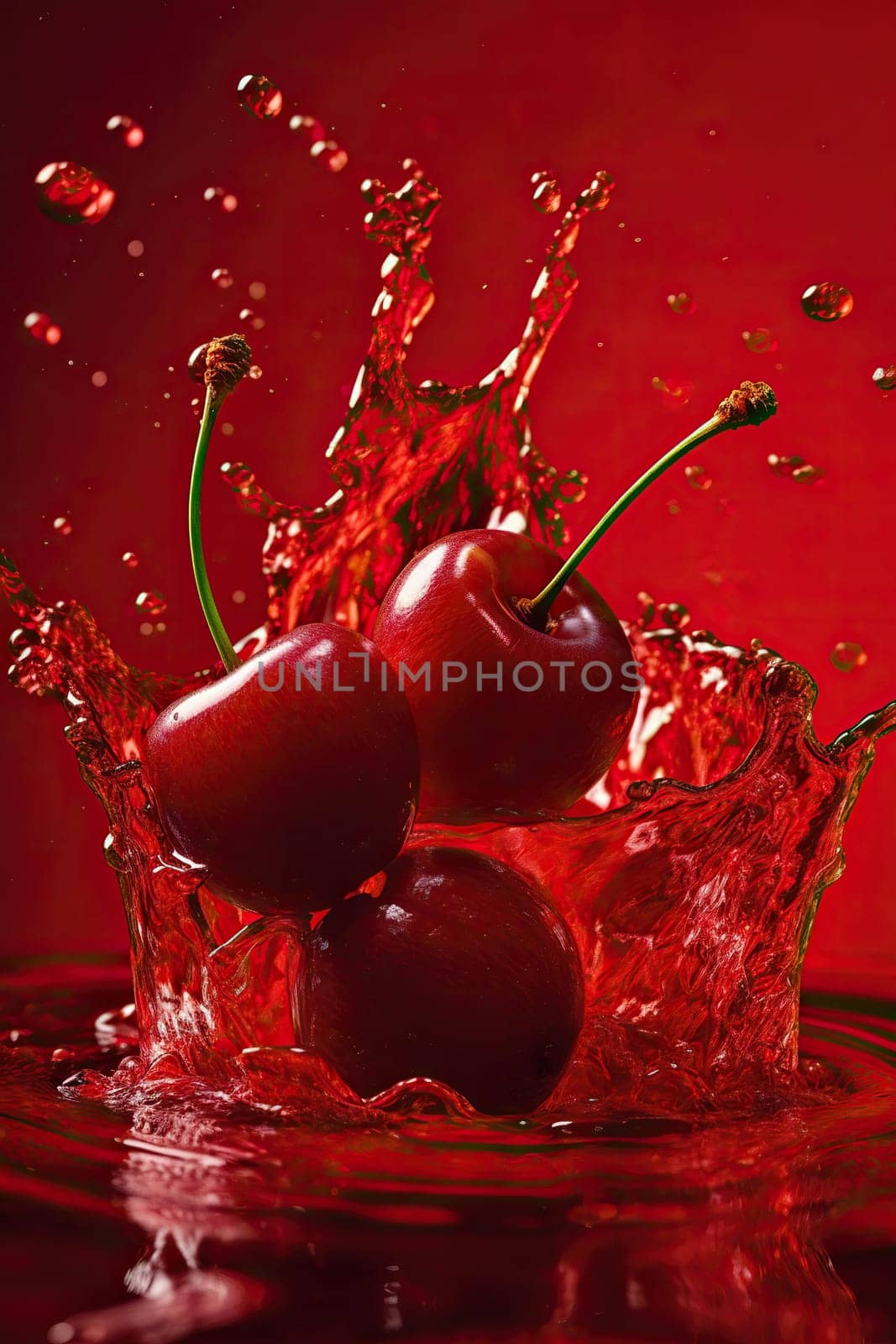 Fresh Cherry With Drops And Splashes Of Juice On A Red Background