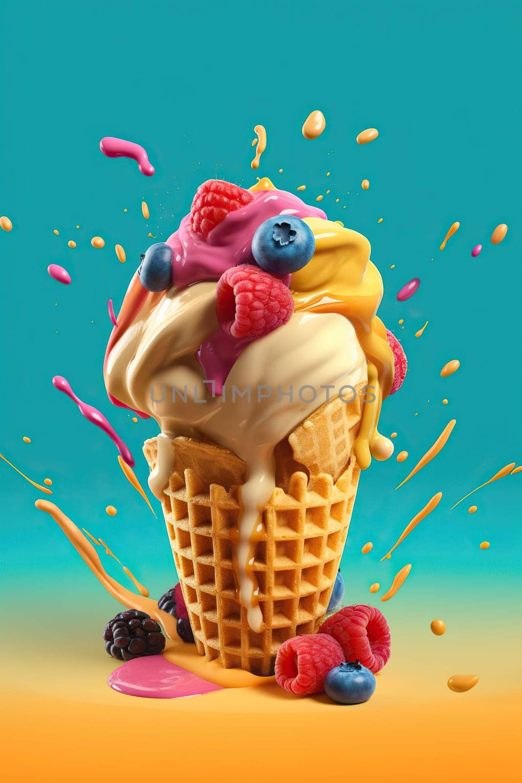 Illustration Delicious Colorful Sweet Ice Cream In Waffle Cups On Pastel Background