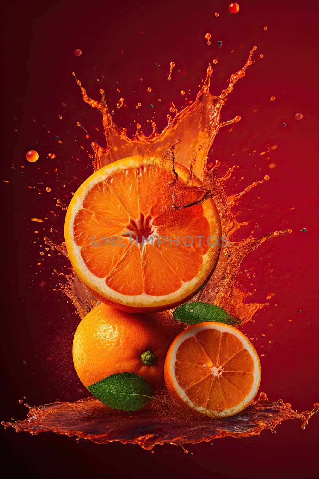 Juicy Orange Splashes And Drops Of Juice In Flight Stand Out Against An Orange Background