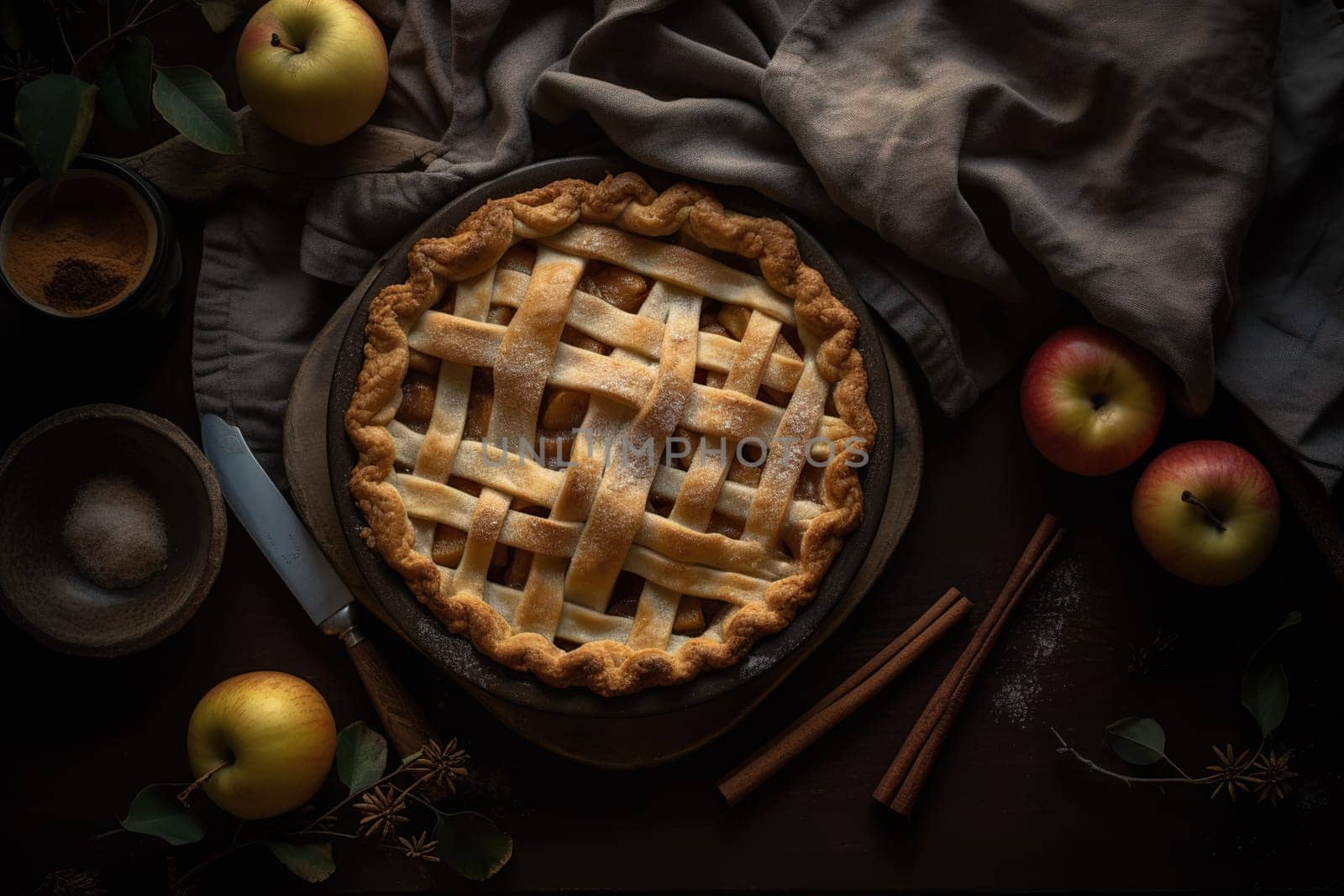 Delicious Traditional Apple Pie With Fresh Apples On A Table, Top View