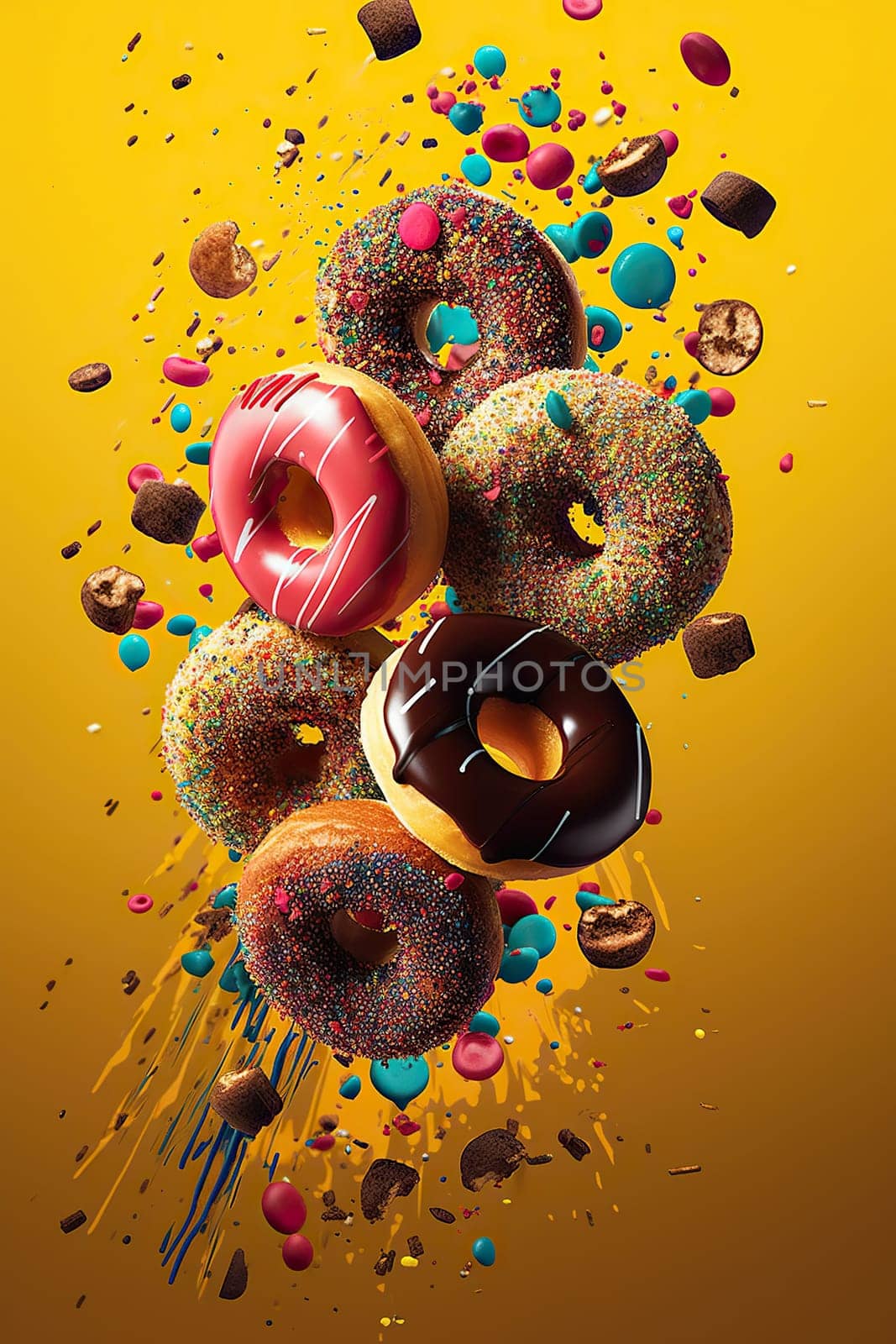 Flying Fresh Sweet Donuts With Colorful Topping On A Red Background