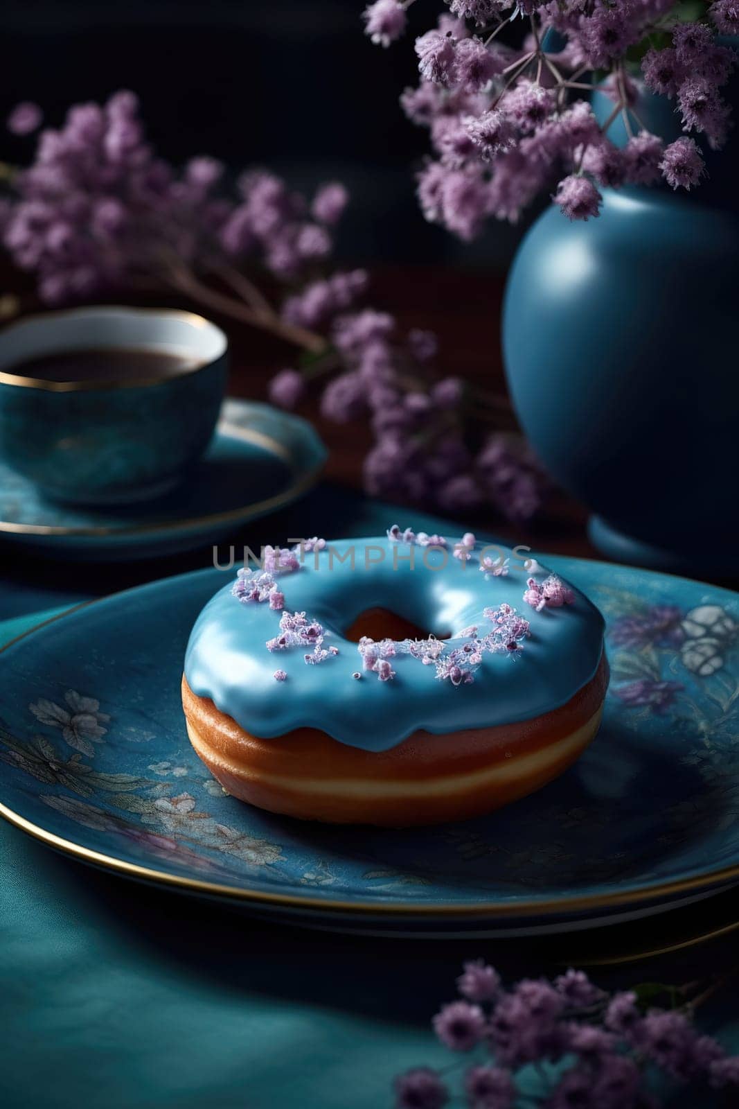 Delicious Sweet Donut With Blue Icing And Topping On A Table With Flowers