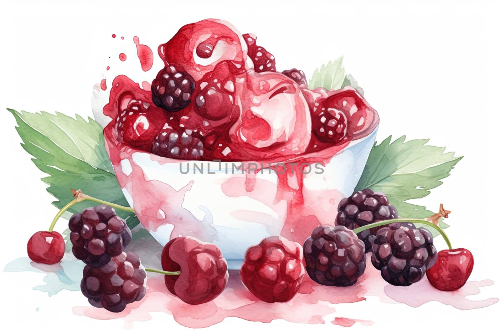 watercolor painting of a raspberries ice cream in waffle cones with the raspberry berries by tan4ikk1