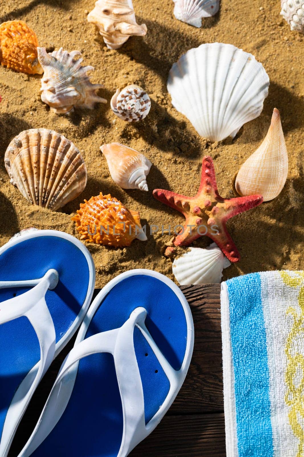 Blue striped towel. A set of beach flip-flops. Many abandoned snail shells. Sunny and sandy sea beach.