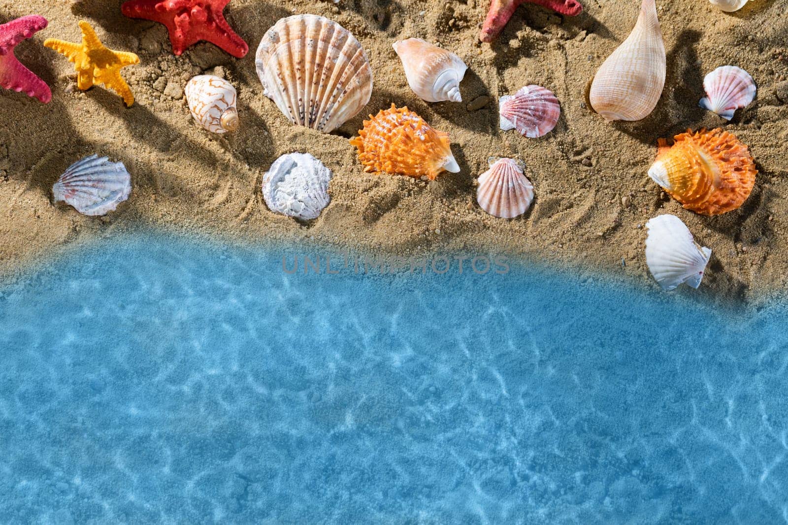 Bright blue sea waves wash the sandy beach full of empty snail shells.