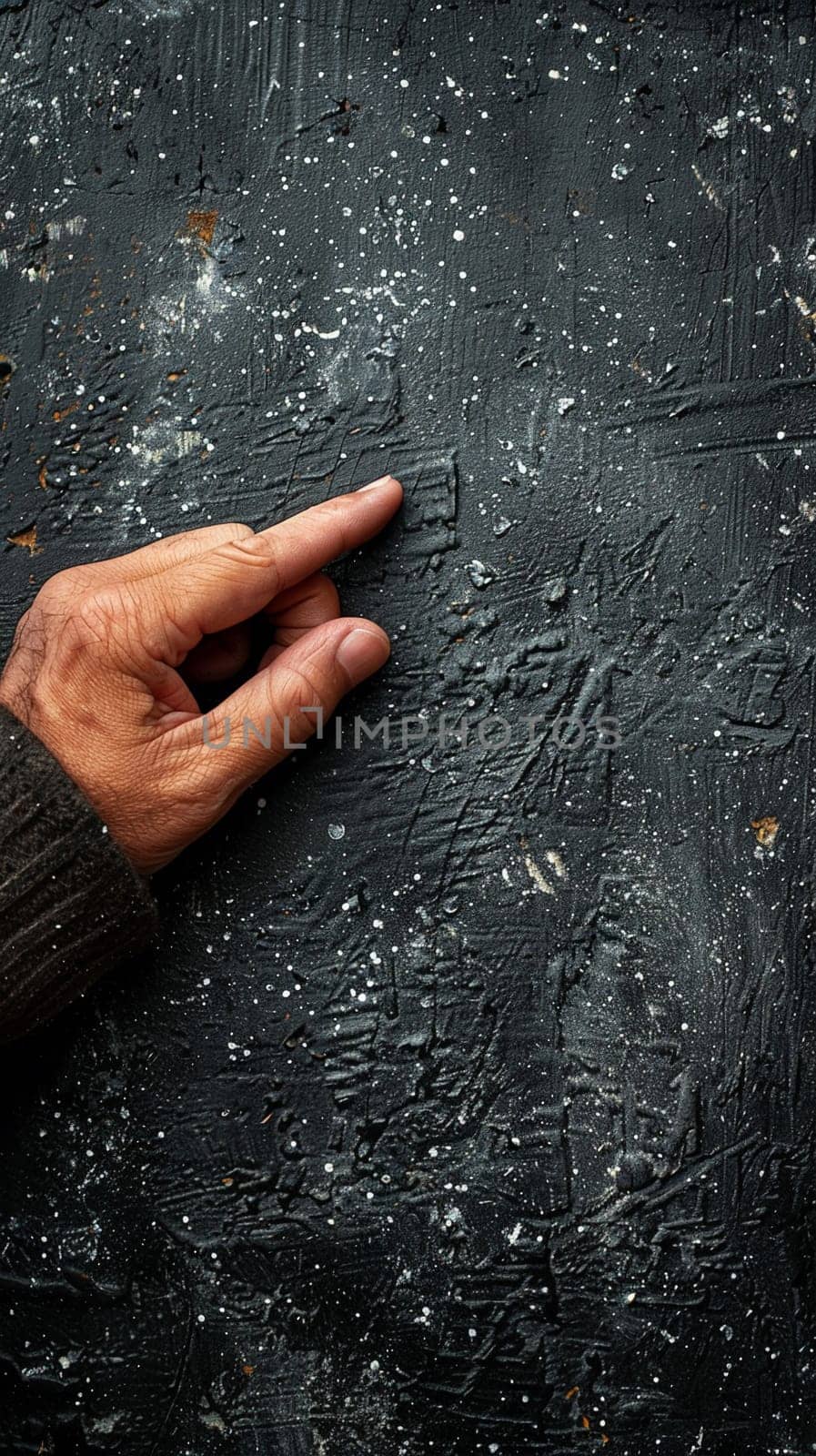 Hand holding a piece of chalk writing on a blackboard, depicting education and communication.