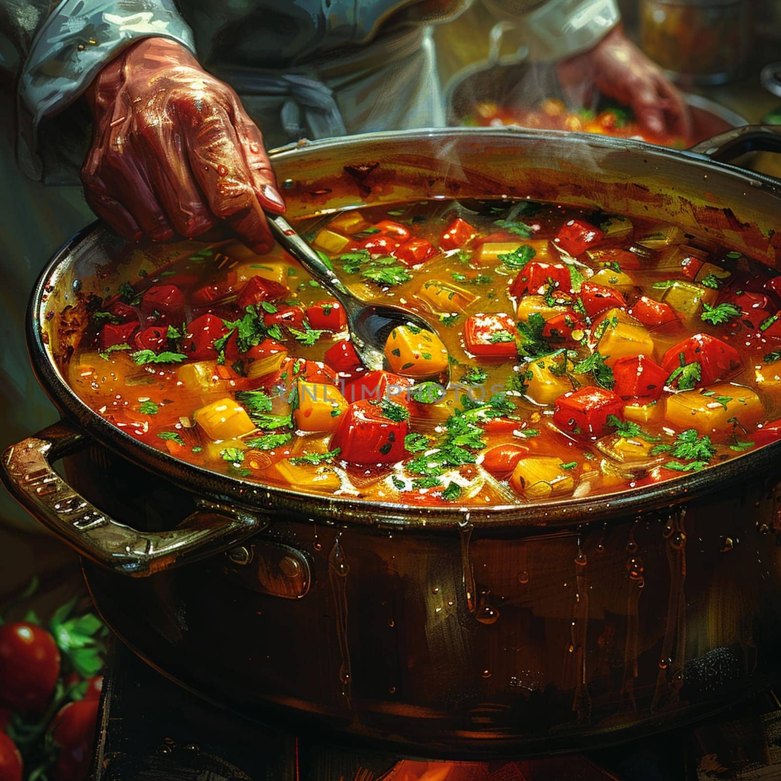 Hand stirring a pot of soup, evoking home cooking and family meals.