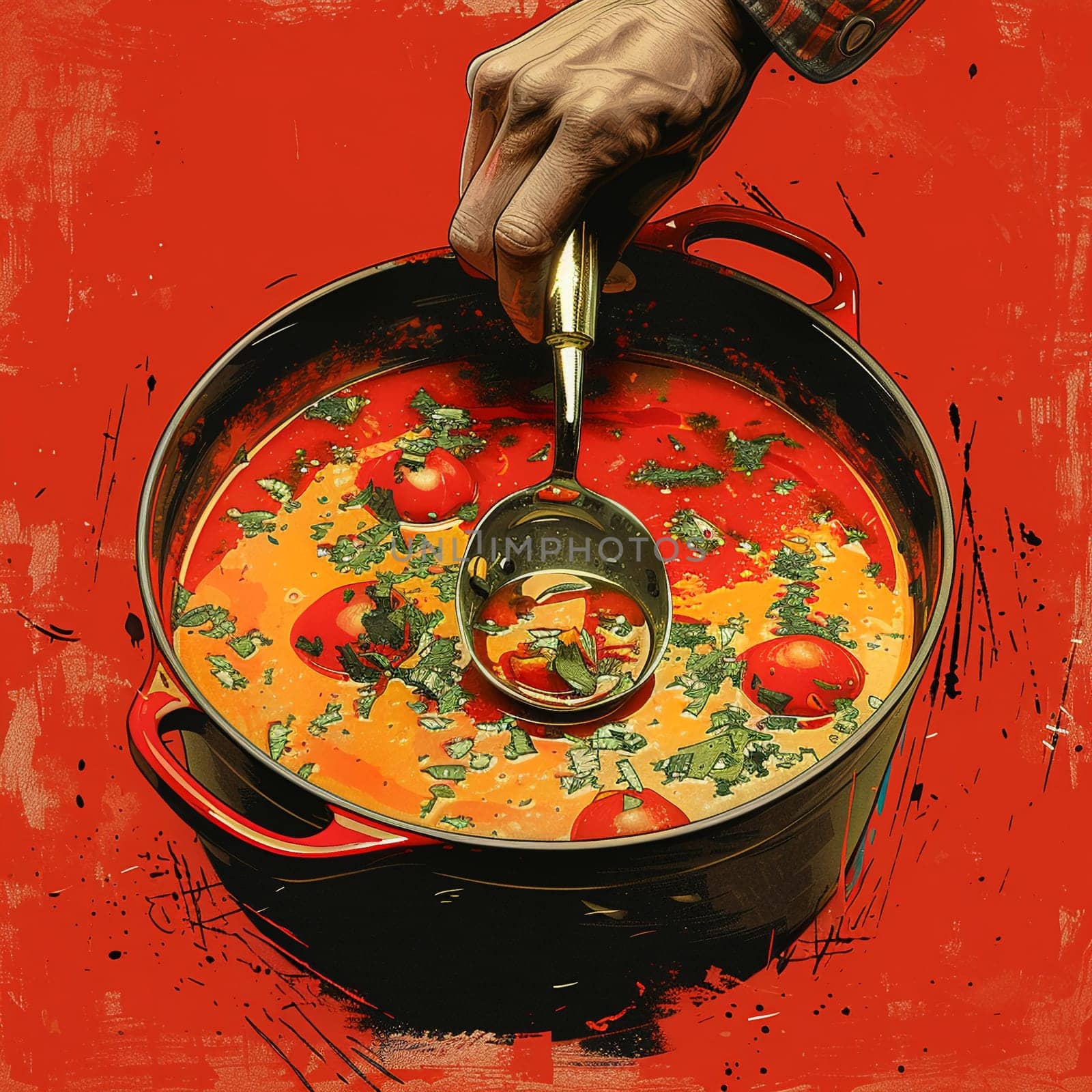 Hand stirring a pot of soup, evoking home cooking and family meals.