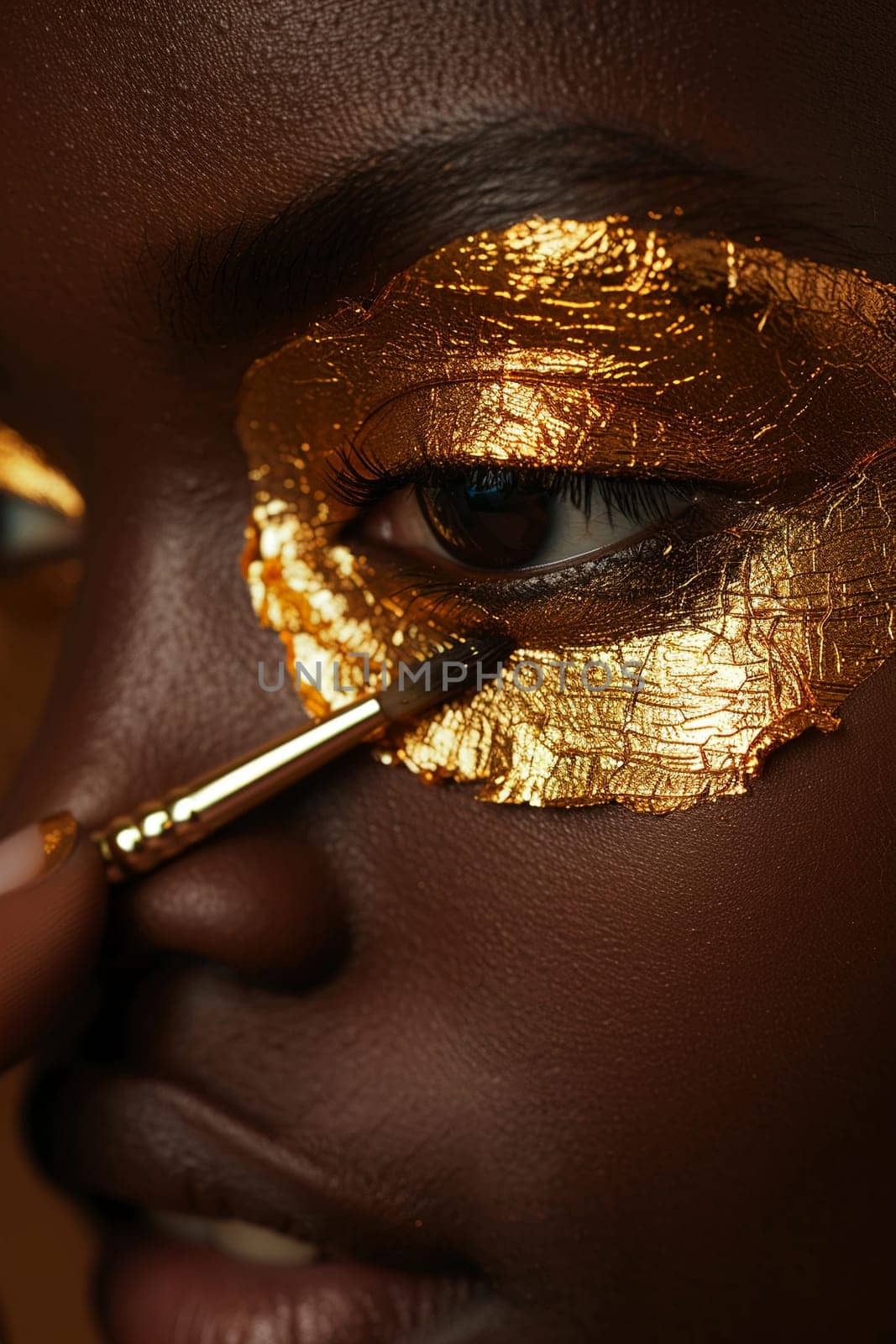 Close-up of hand applying gold leaf to eyelids, representing luxury beauty trends.