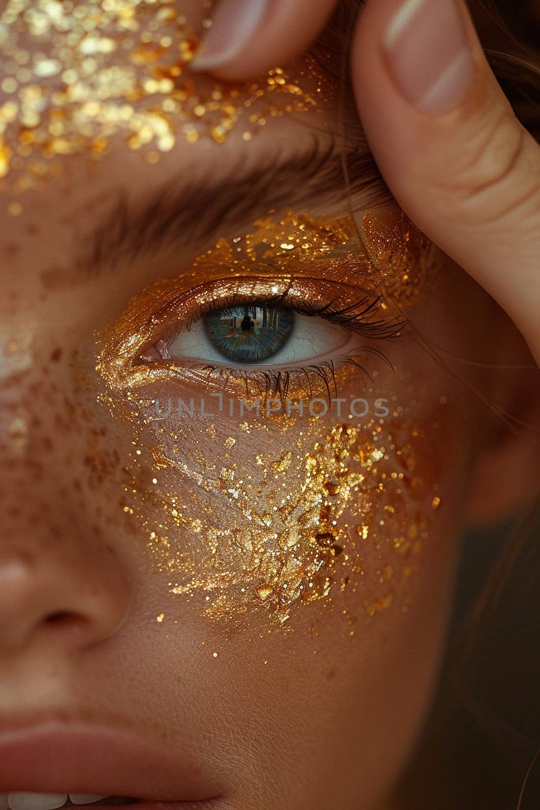 Close-up of hand applying gold leaf to eyelids, representing luxury beauty trends.