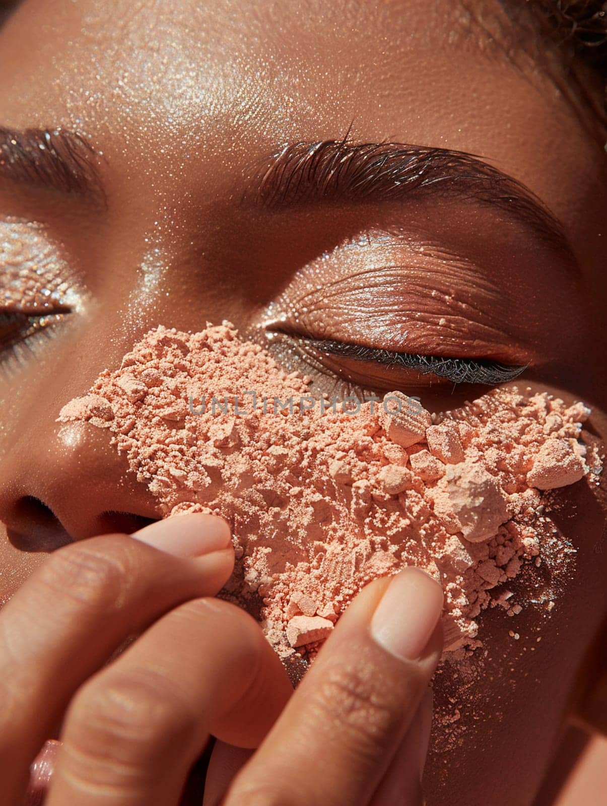 Close-up of hand applying setting powder, ensuring makeup longevity.