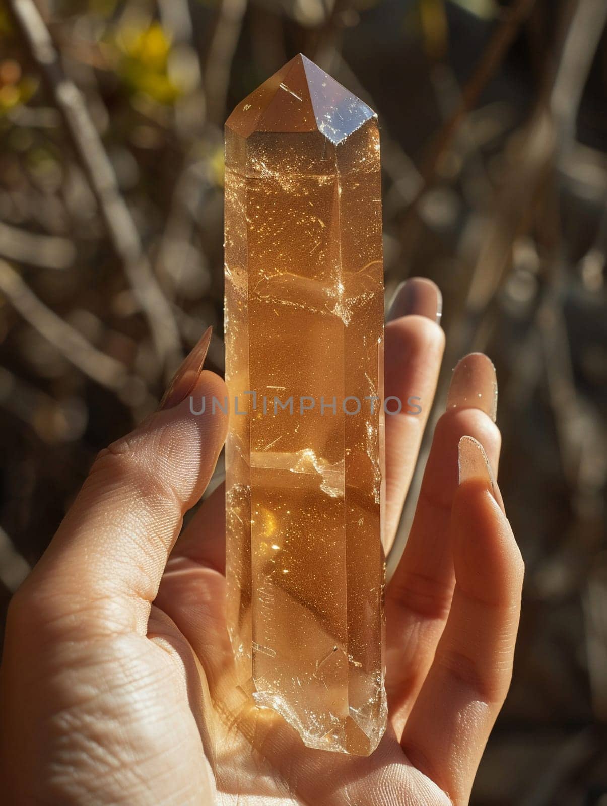 Close-up of hand holding a crystal nail file, symbolizing nail care and grooming.