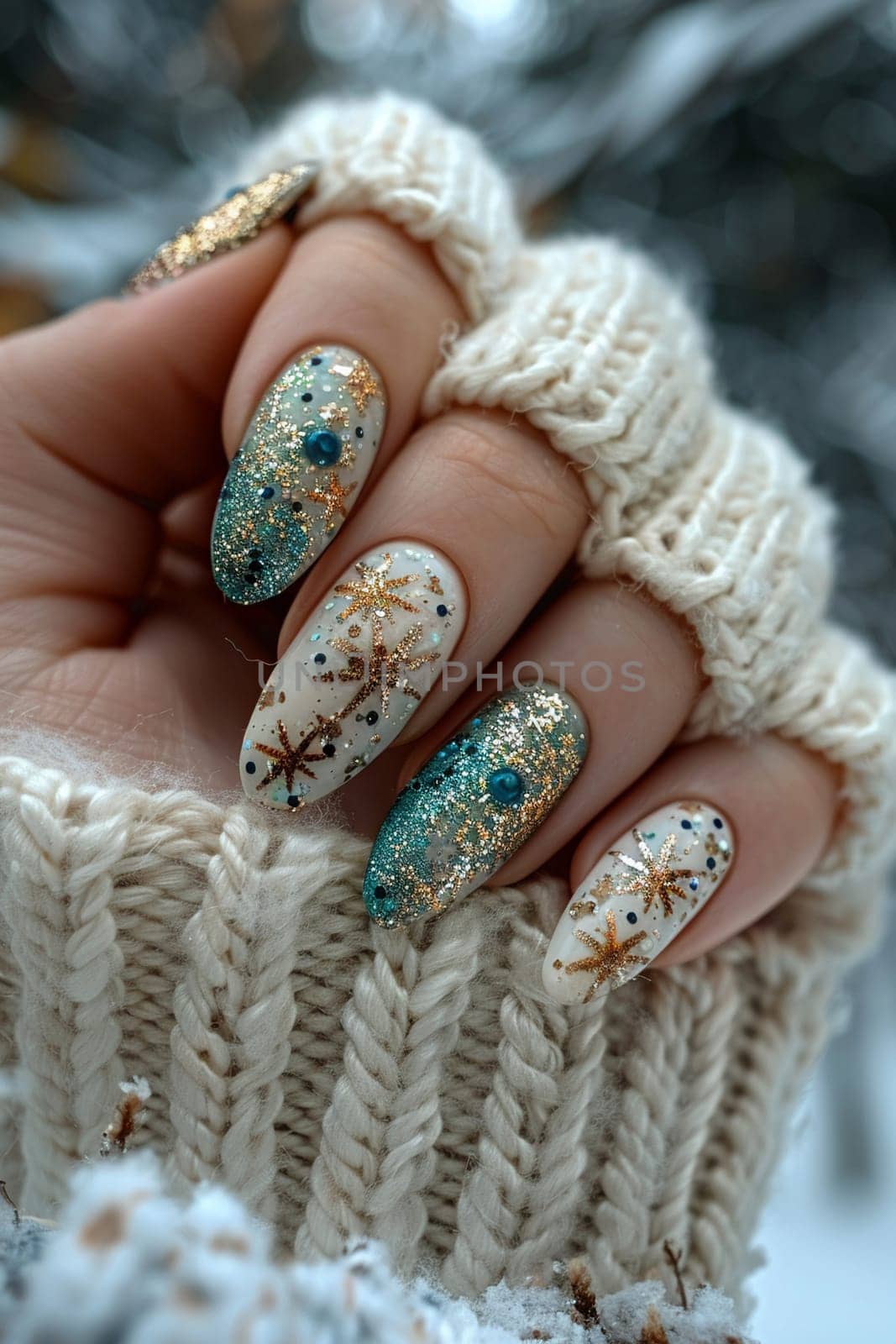 Close-up of hand with glittery nail art, showcasing creative beauty and fashion.