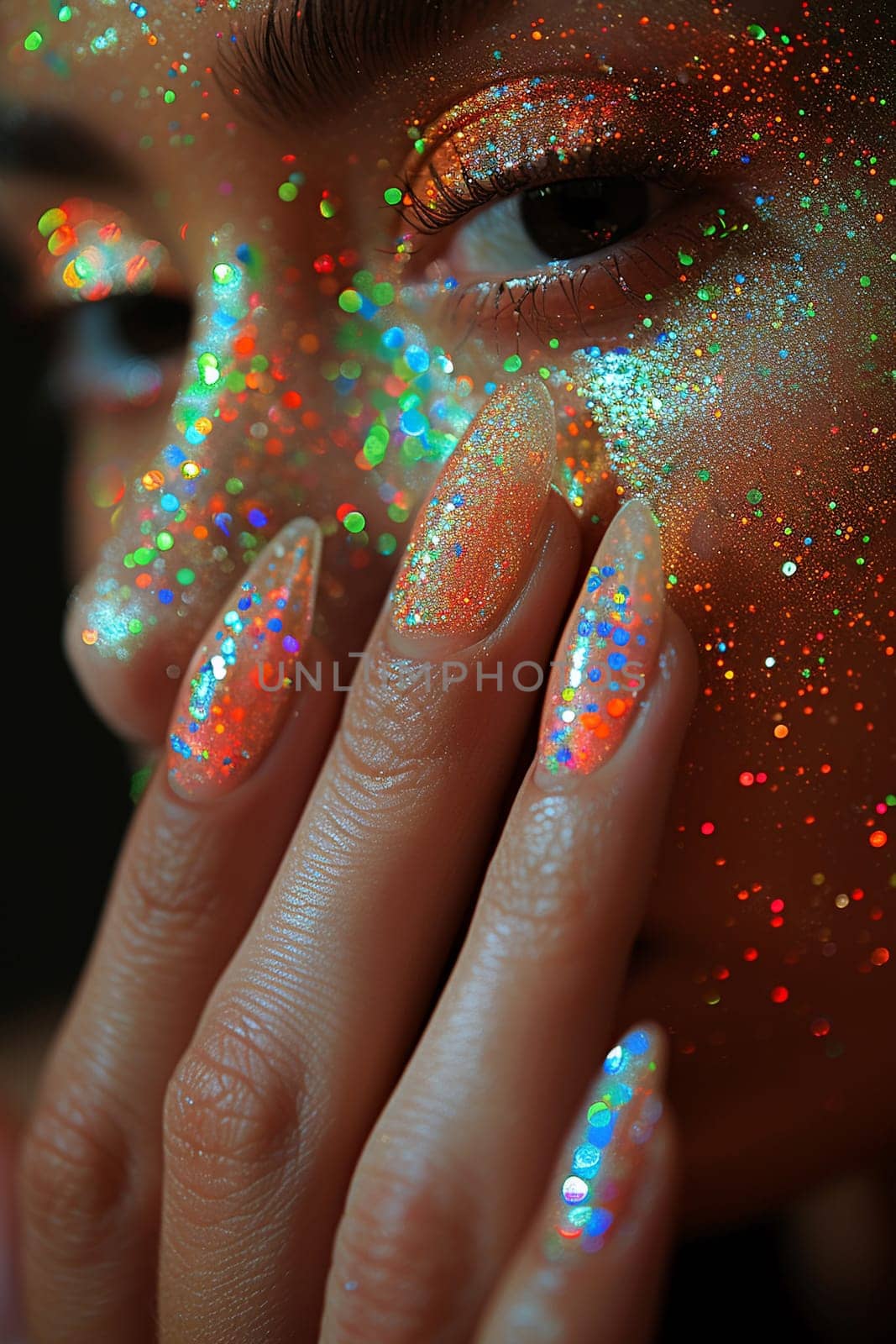 Close-up of hand with glittery nail art, showcasing creative beauty and fashion.