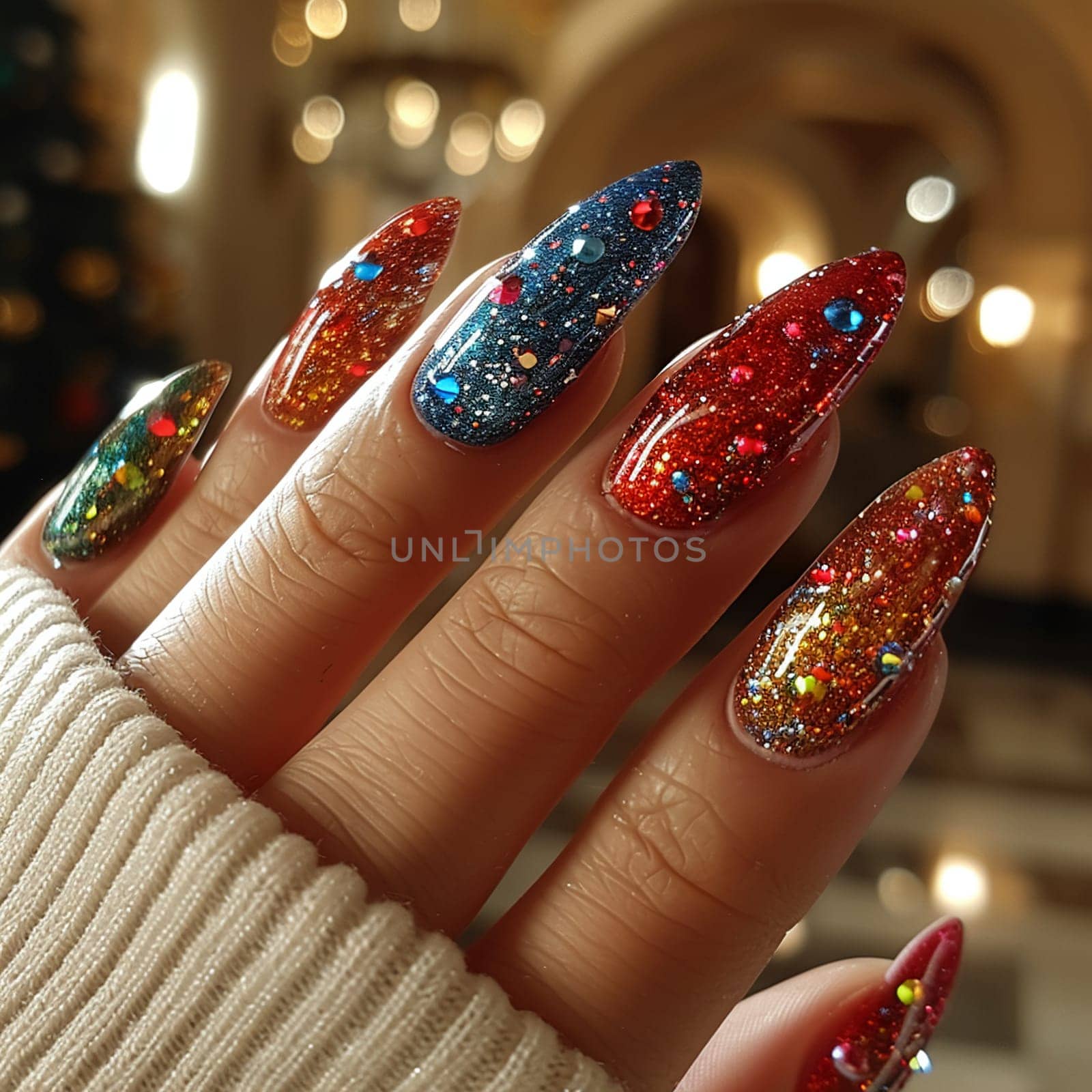 Close-up of hand with glittery nail art, showcasing creative beauty and fashion.