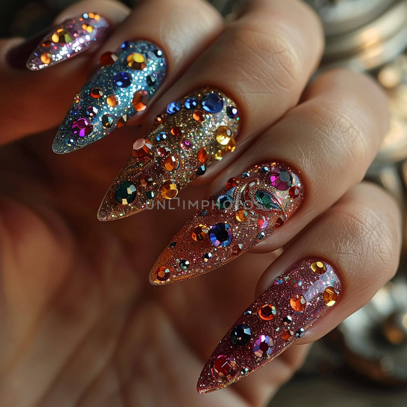 Close-up of hand with glittery nail art, showcasing creative beauty and fashion.