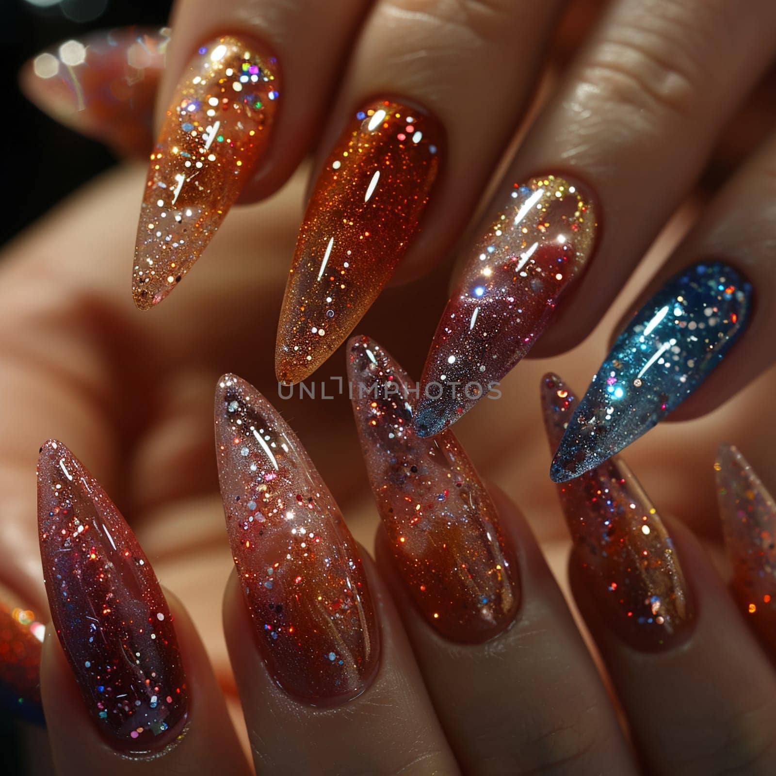 Close-up of hand with glittery nail art, showcasing creative beauty and fashion.