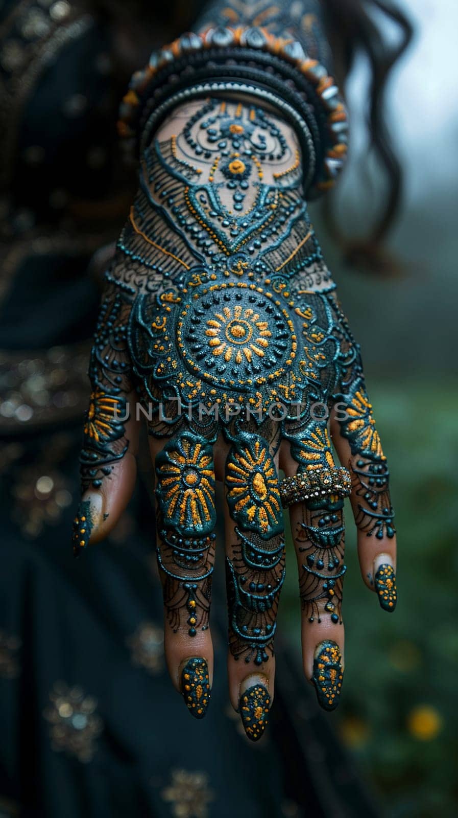 Close-up of hand with intricate henna designs, showcasing cultural beauty.