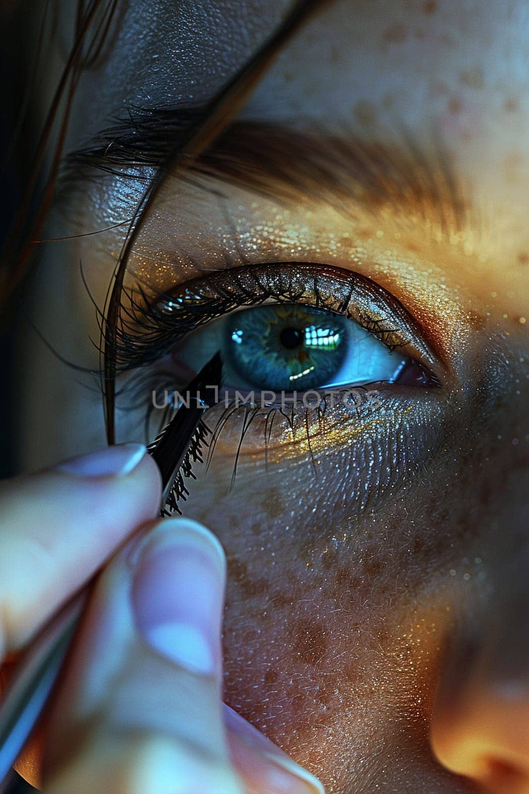 Fingers curling eyelashes with a curler, depicting preparation and eye makeup.