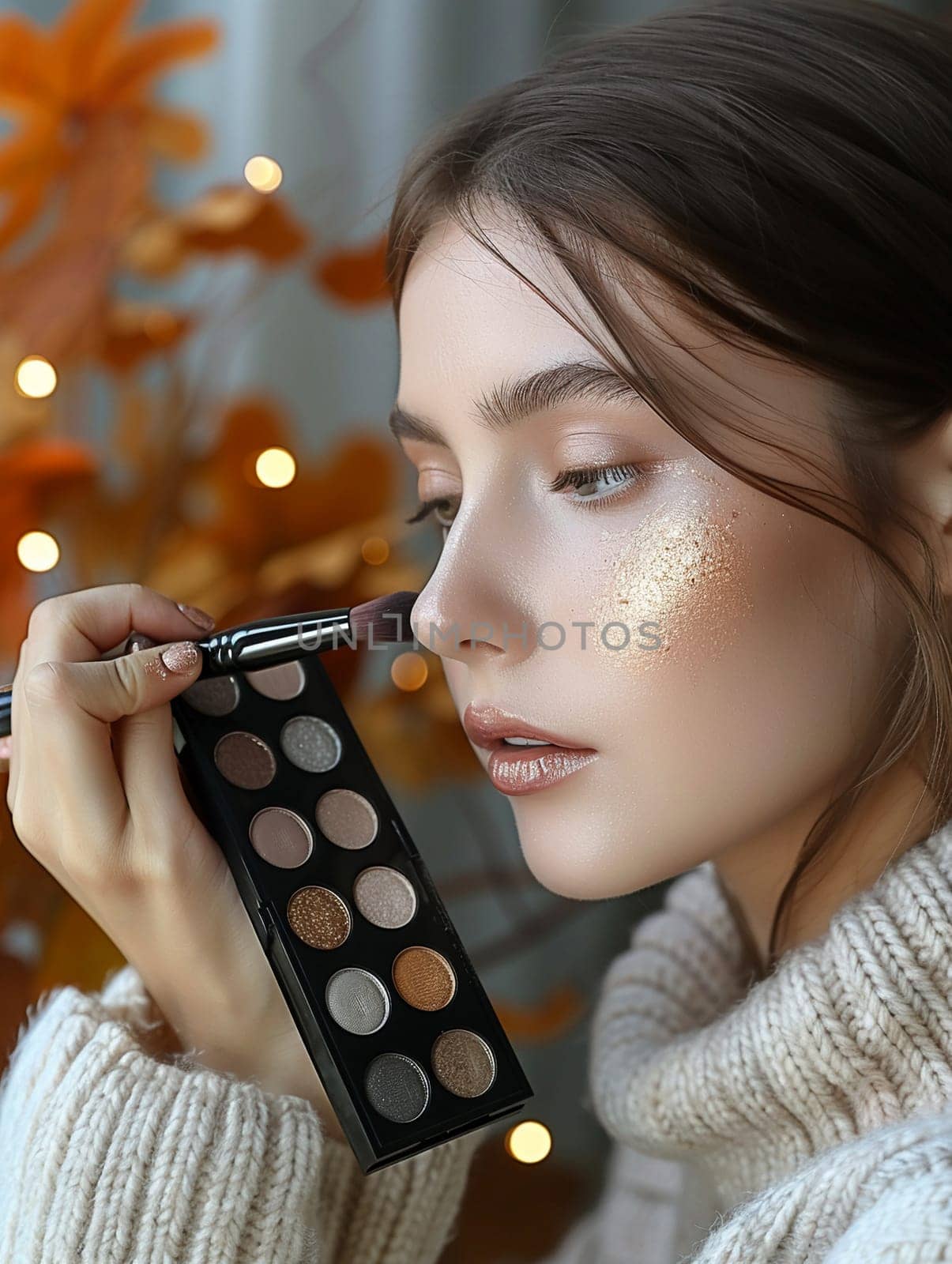 Fingers gently holding a makeup brush against a palette, symbolizing beauty routine.