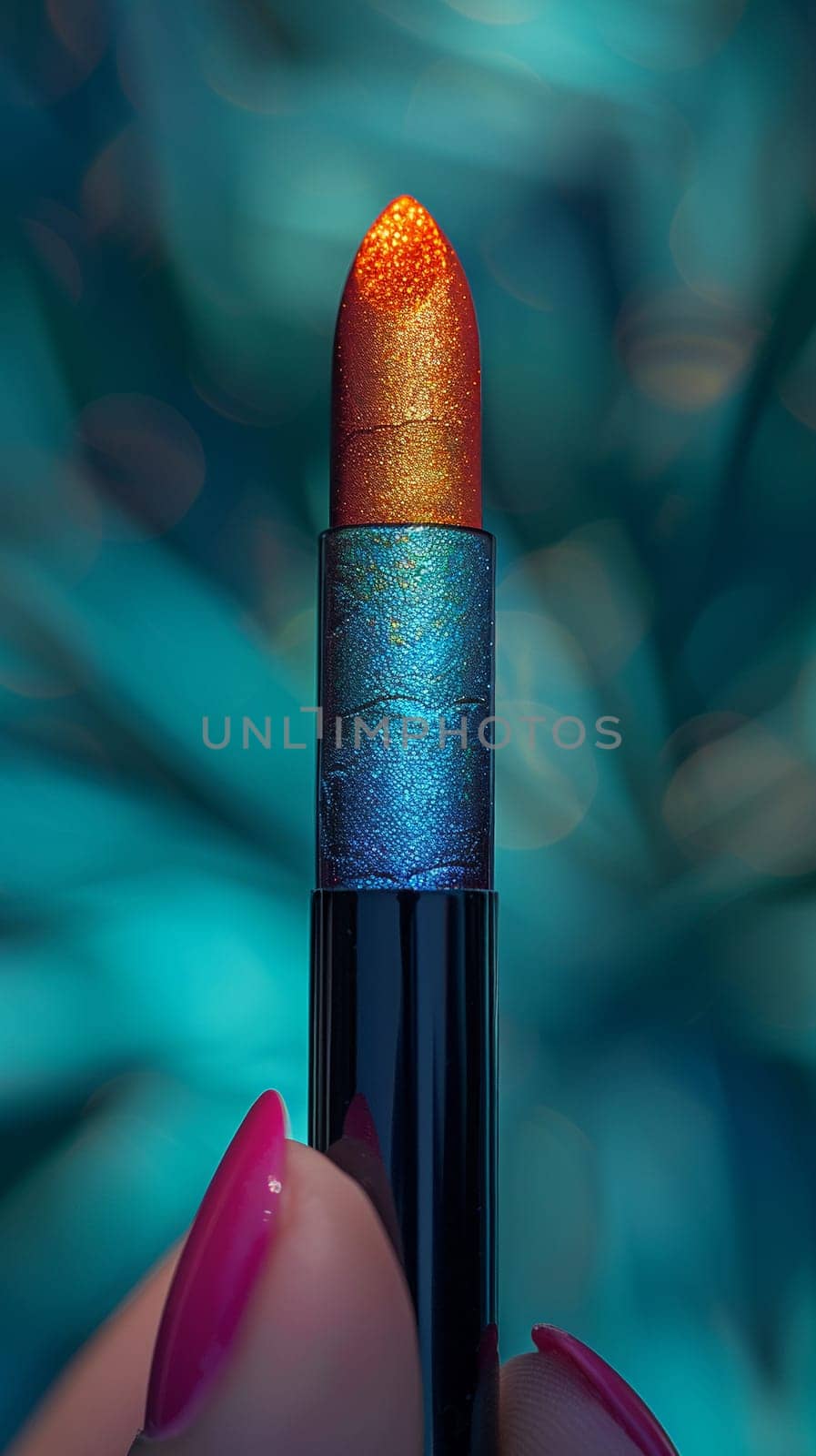 Fingers holding a colorful eyeshadow stick, depicting easy and quick makeup application.