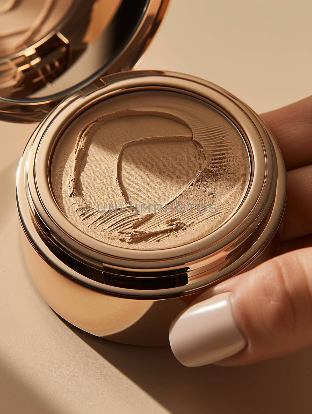 Fingers holding an artfully designed compact powder, showcasing beauty and elegance.