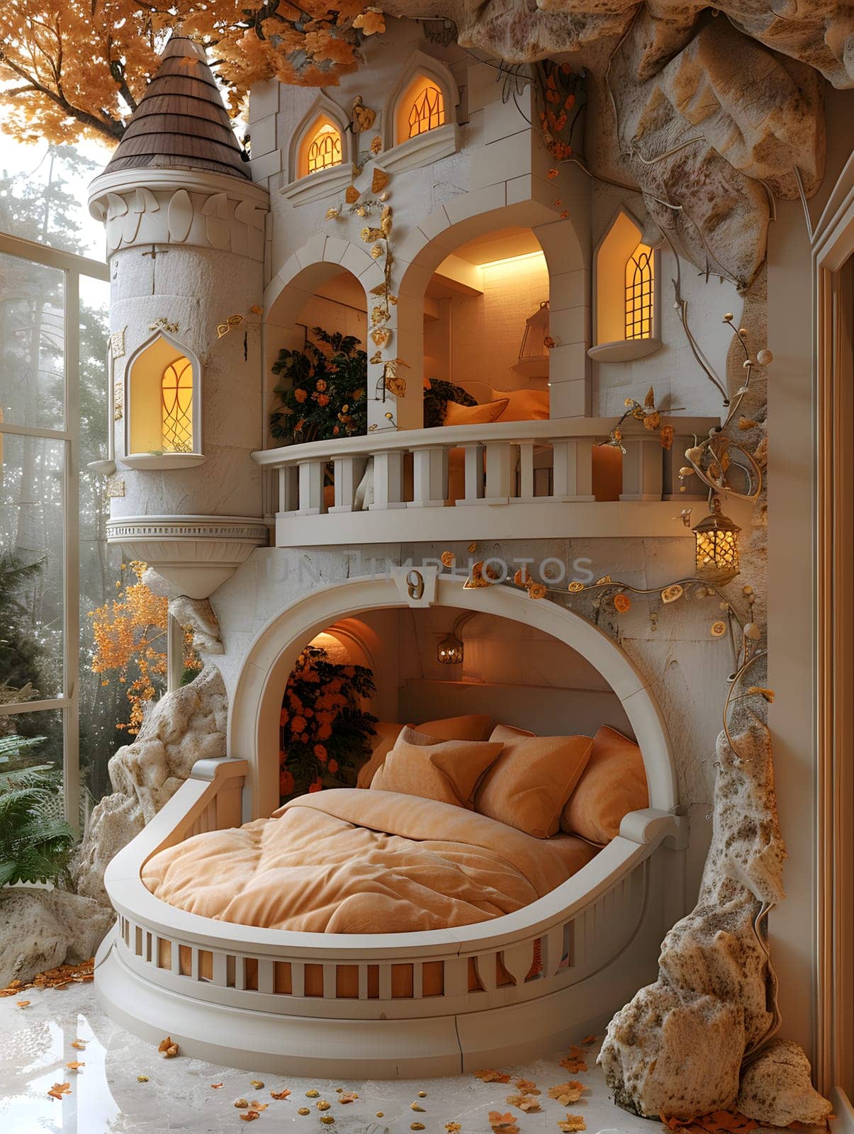 Interior design with a castlethemed bed, adorned with Byzantine architecture. The room features plants, art, and fixtures for added comfort and aesthetics