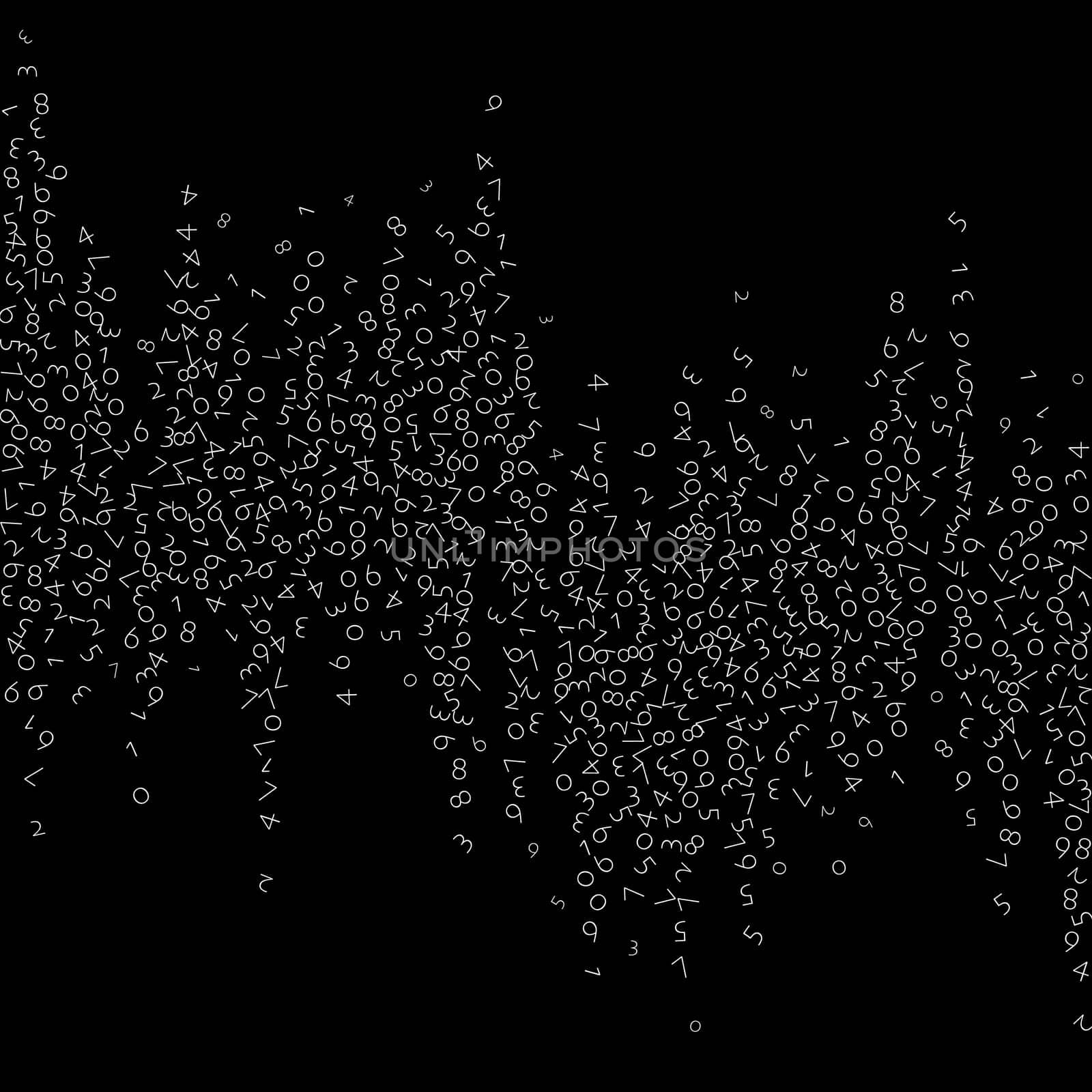 Falling numbers, big data concept. Binary white disorderly flying digits. Delicate futuristic banner on black background. Digital illustration with falling numbers.