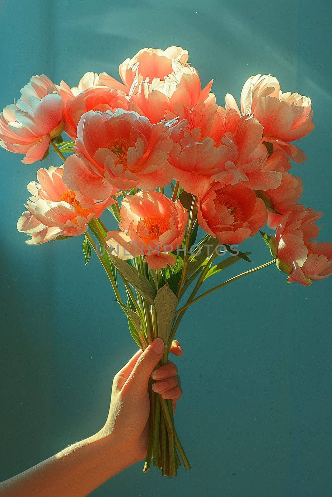 Hand holding a bouquet of fresh peonies, symbolizing natural beauty and inspiration.