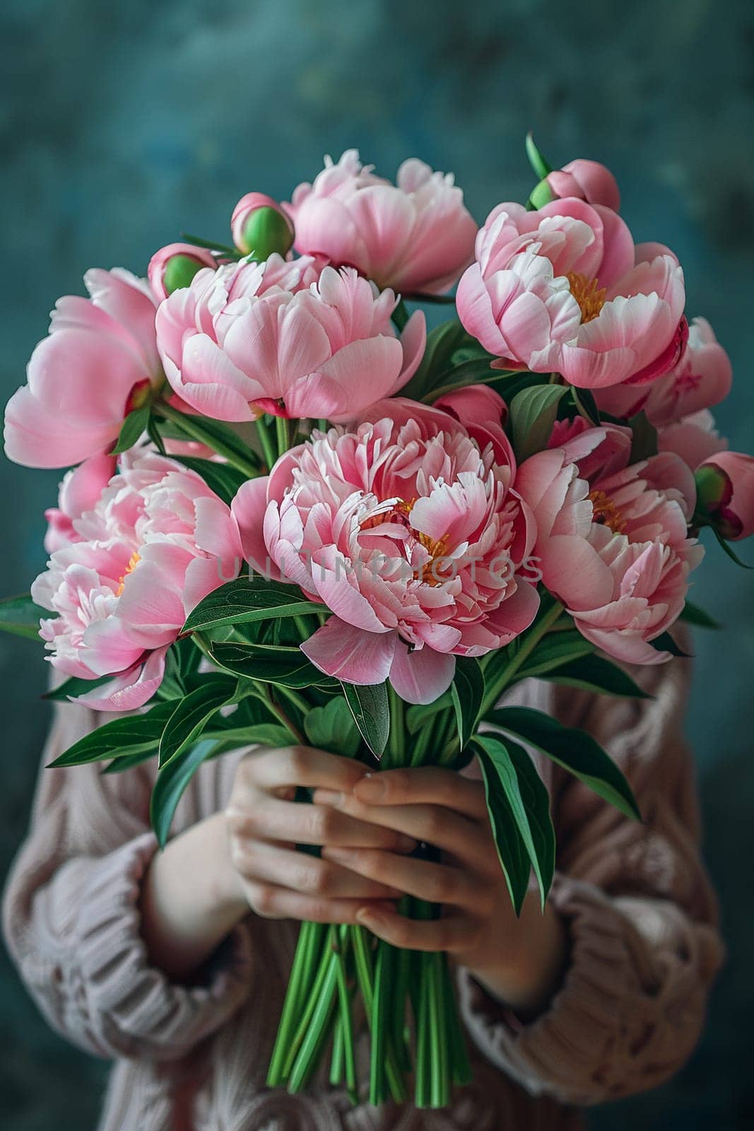 Hand holding a bouquet of fresh peonies, symbolizing natural beauty and inspiration.