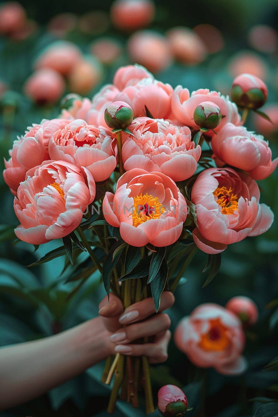Hand holding a bouquet of fresh peonies, symbolizing natural beauty and inspiration.