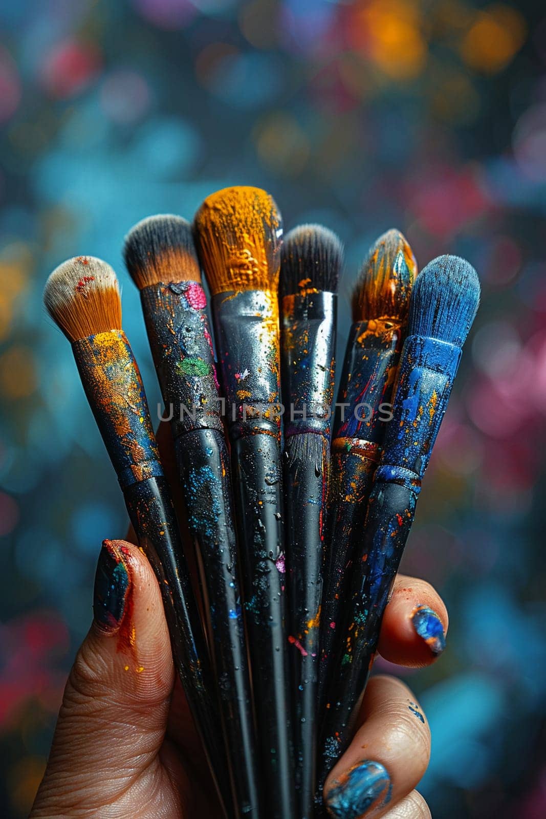 Hand holding a collection of makeup brushes, symbolizing artistry and beauty tools.